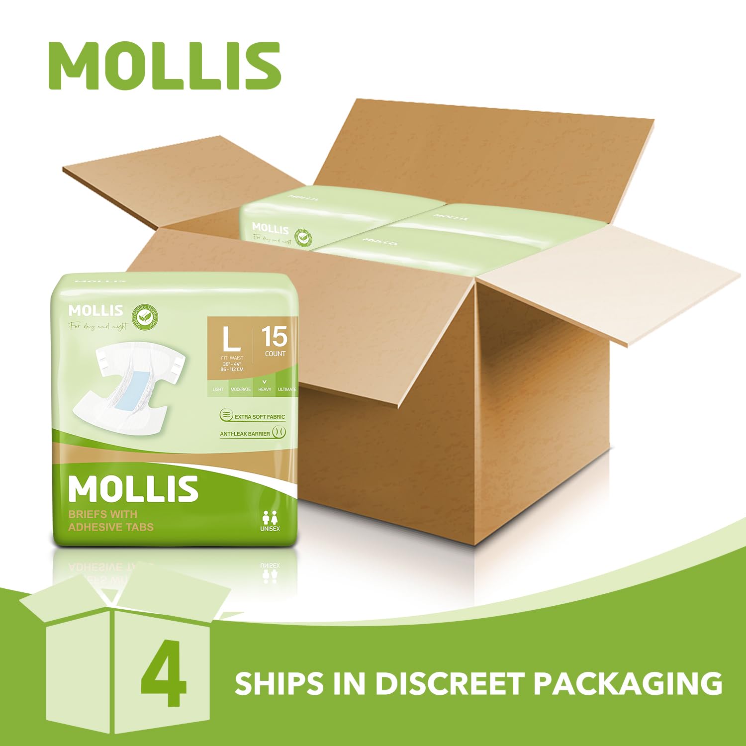 MOLLIS Adult Diapers for Women & Men - Unisex Disposable Incontinence Briefs with Tabs - Odor Control & Leak Protection - Large Size (60 Count, 4 Packs of 15) - Ideal for Overnight Use, Travel & Post-Surgery Care