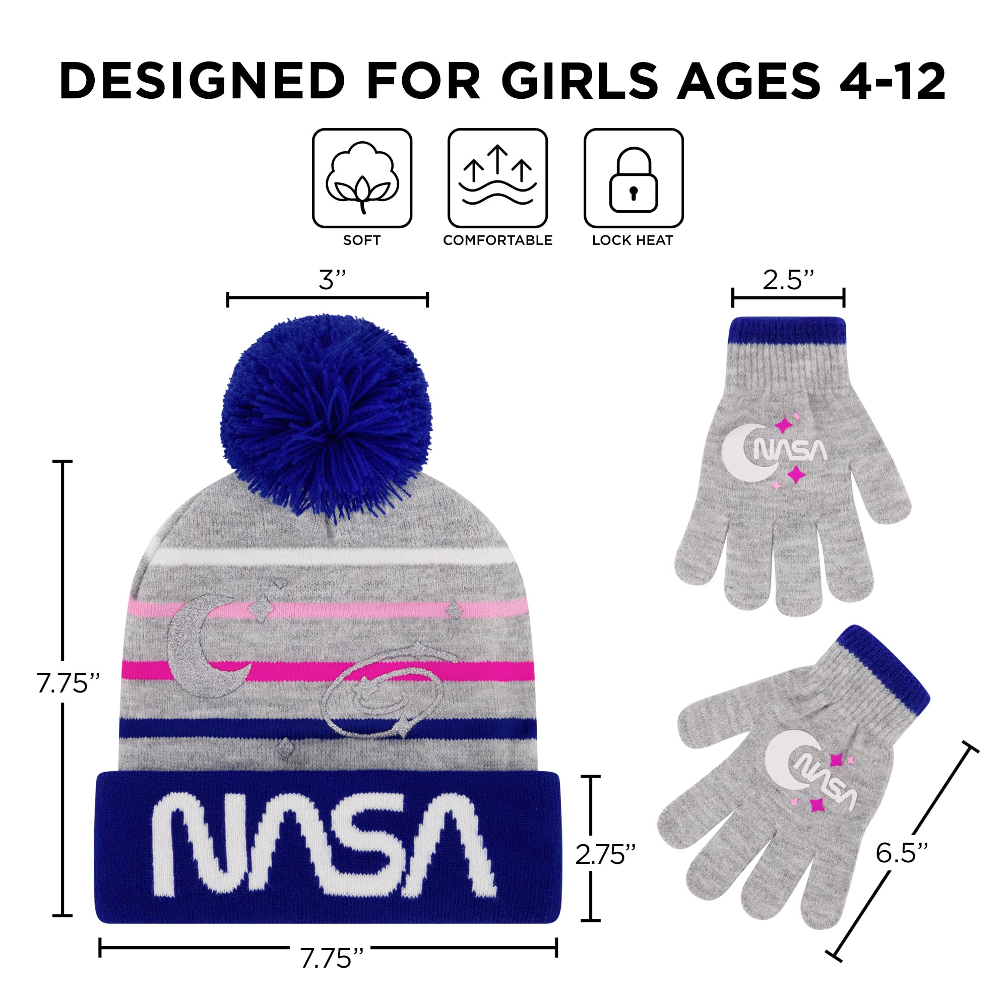 NASA Winter Hat and Gloves Set for Boys and Girls Ages 4-7 - Warm Kids' Accessories for Snow Play, Skiing, and Outdoor Adventures