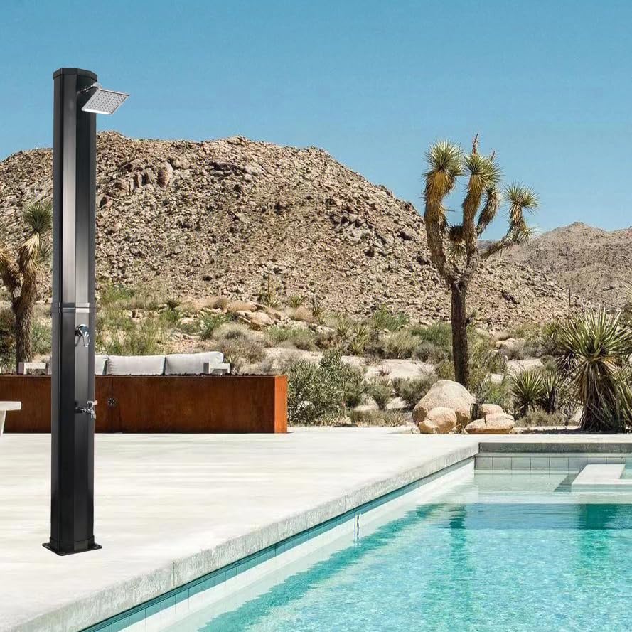 5.3/9.3 Gallon Solar Outdoor Shower with Heated Shower Head & Foot Tap - Portable Hot Water System for Garden, Backyard, Poolside, Beach, Spa | Perfect for Camping, RV Trips & Off-Grid Living (Black 9.3 Gallon)