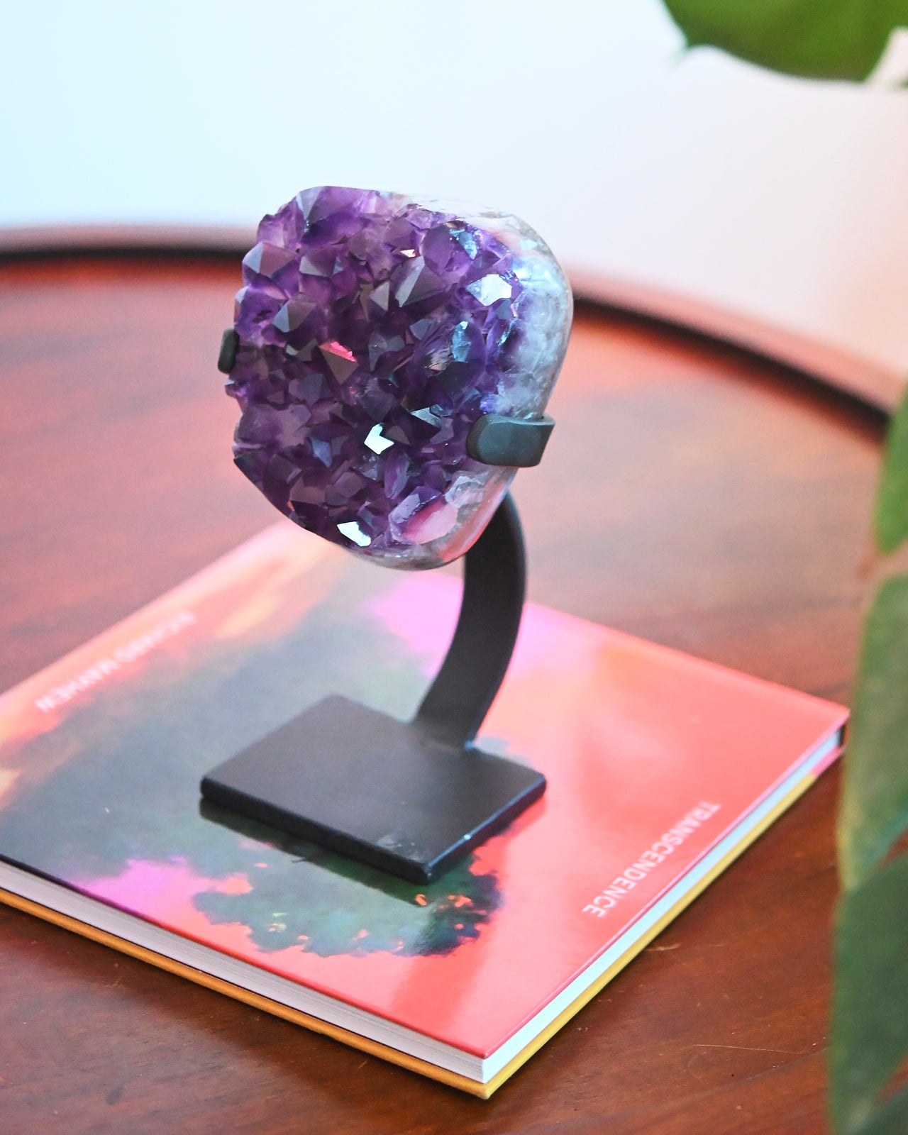 Natural Amethyst Crystal Geode on Wooden Stand - 4.4lbs Raw Purple Quartz Cluster - Home Decor, Meditation & Healing Crystal Gift