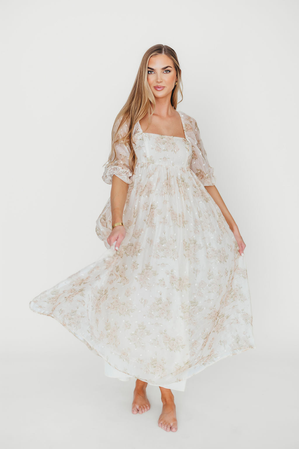 Elegant Cream Floral Smocked Maxi Dress for Women - Bump Friendly Maternity & Inclusive Sizing (S-3XL) | Perfect for Weddings, Beach Vacations & Summer Parties