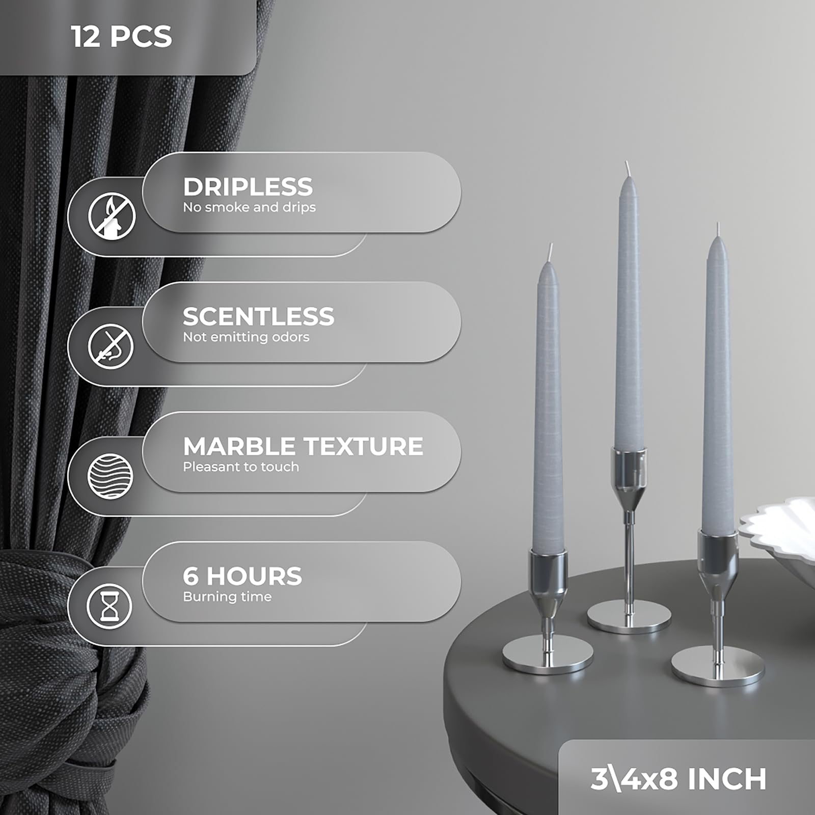 Premium CANDWAX 8 Inch Taper Candles - Set of 12 Dripless Dinner Candles for Wedding, Party & Home Decor - Long Burning Light Gray Taper Candles - Perfect for Romantic Dinners, Centerpieces & Special Occasions