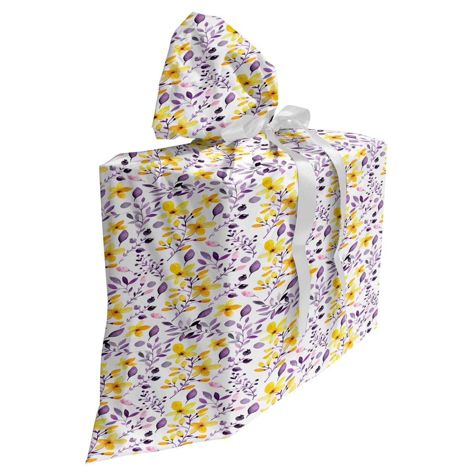 Ambesonne Floral Gift Bag - Purple Yellow Watercolor Leaves & Flowers for Party Favors