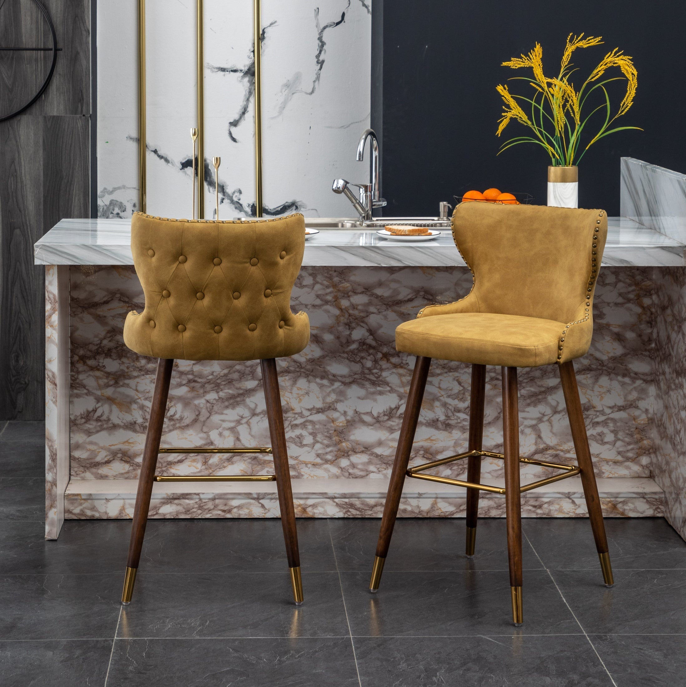 Roundhill Furniture Nevis Mid-Century Modern Faux Leather Tufted Bar Stools with Nailhead Trim - Set of 2 Yellow Counter Height Stools for Kitchen Island, Breakfast Bar & Home Decor