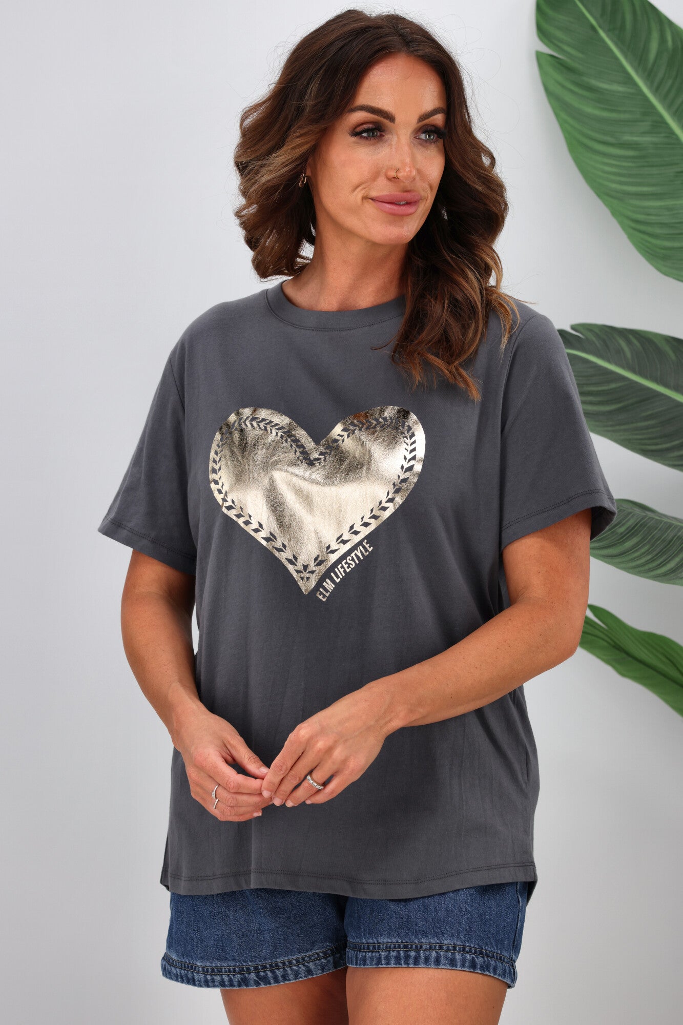 Elm Hearts Fancy Heart Graphic T-Shirt - Washed Black Cotton Tee for Women | Casual Streetwear, Date Night Outfit, Gift for Her