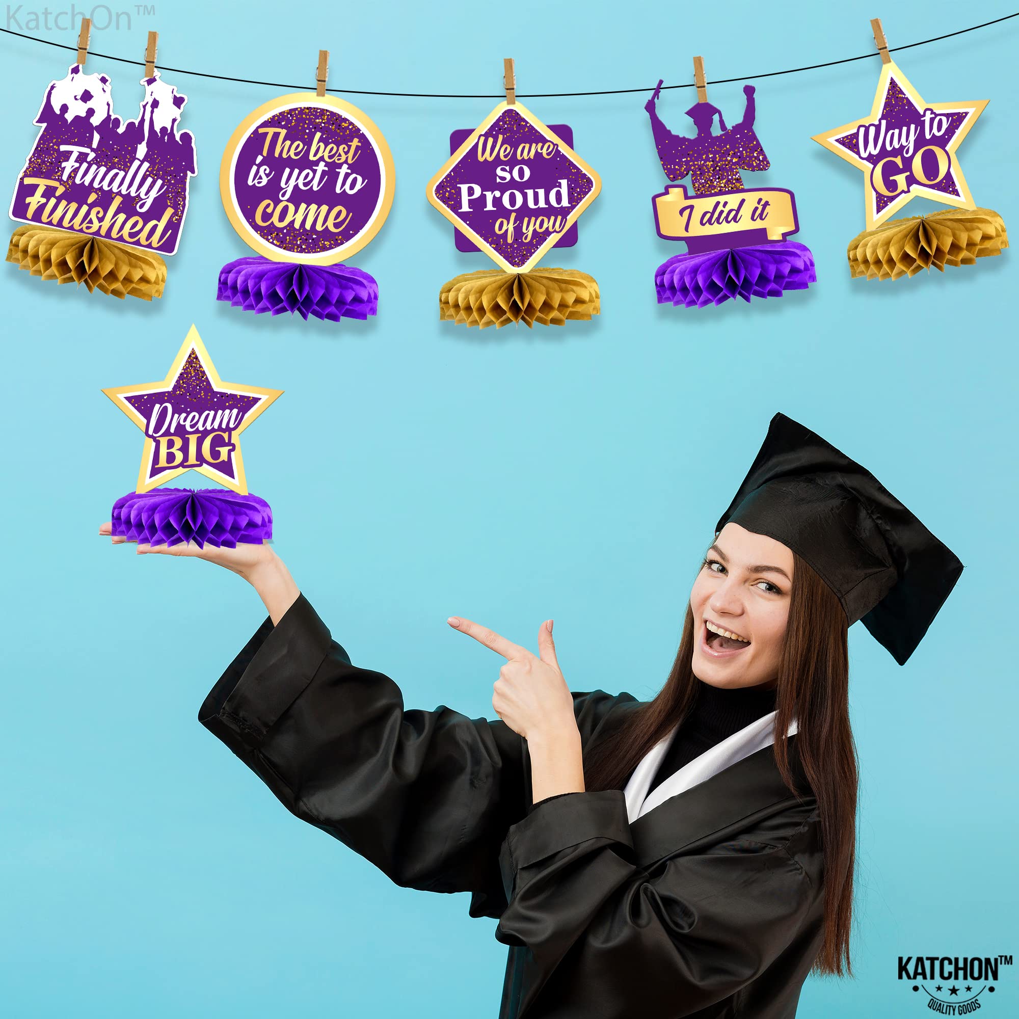 KatchOn Purple & Gold Graduation Centerpieces for Tables 2025 - Pack of 9 Honeycomb Decorations | Class of 2025 Graduation Party Decor | Perfect for Graduation Ceremonies, Banquets & Photo Backdrops