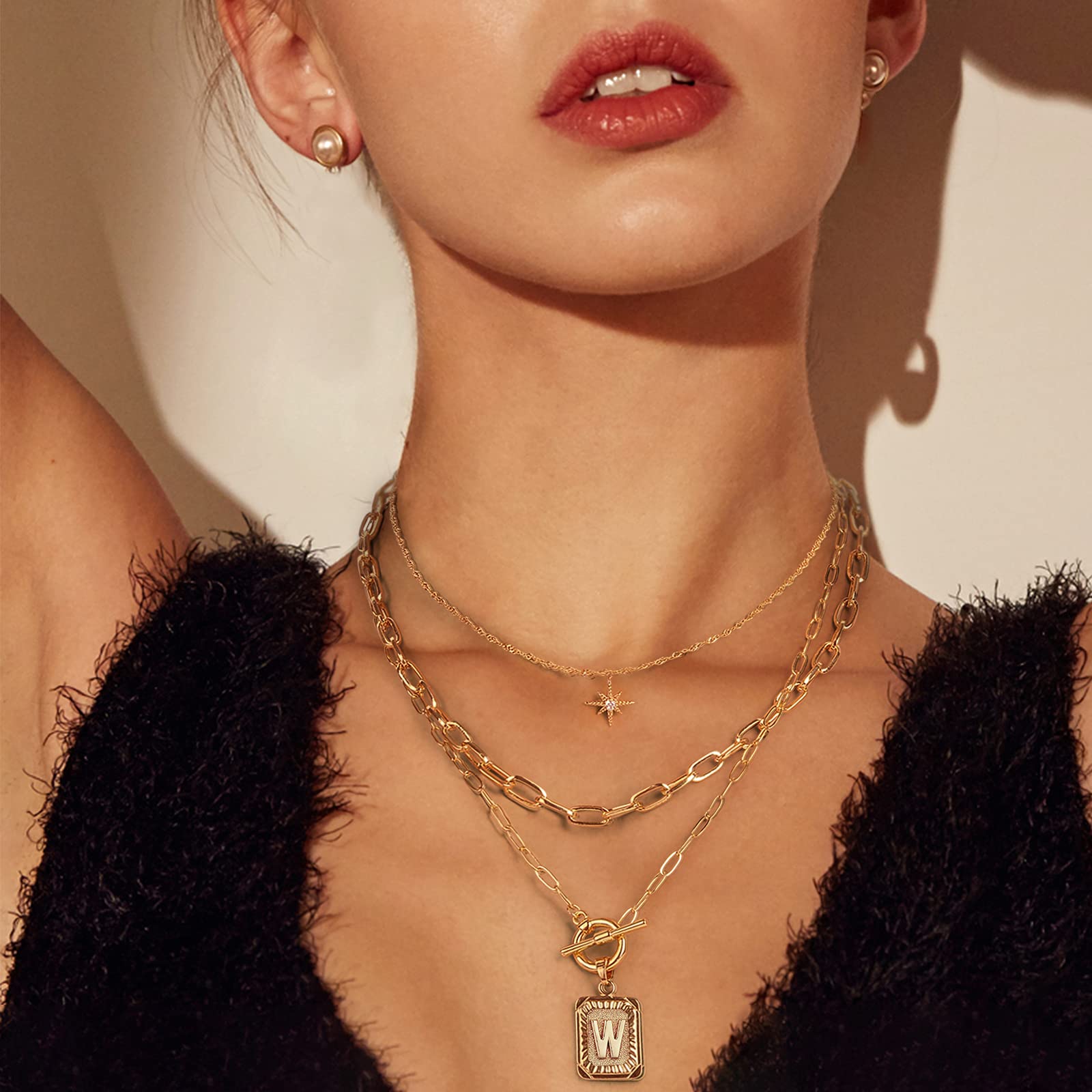 MJartoria 14K Gold Plated Layered Initial Necklace for Women - Trendy Star Choker with Square Letter Pendant & Paperclip Chain - Elegant Gold Necklace Jewelry Gift for Her - Perfect for Everyday Wear, Date Nights & Special Occasions
