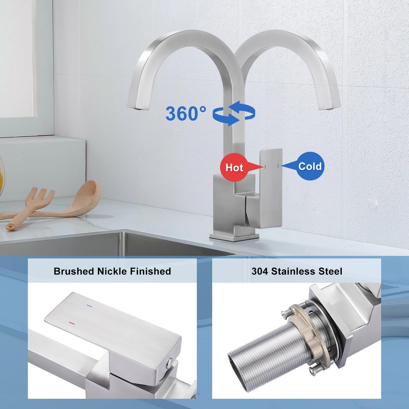 Stainless Steel Single Hole Bar Sink Faucet - Brushed Nickel Single Handle Kitchen Faucet for Bar, RV, Bathroom & Restroom Sinks | Perfect for Small Spaces & Compact Kitchens