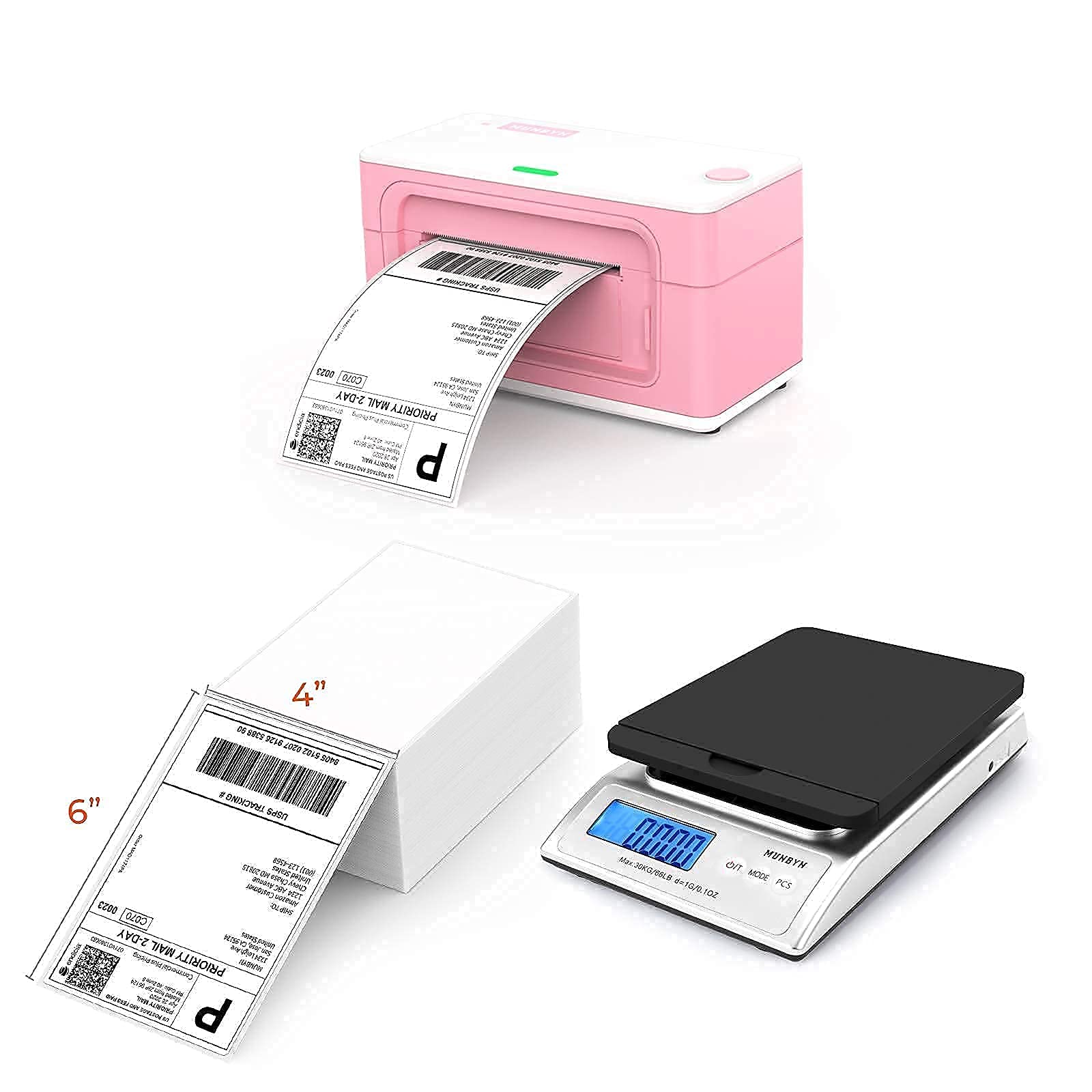 Munbyn Pink Label Printer with Built-in Shipping Scale - 500 Thermal Labels Included | Perfect for E-commerce, Small Business Shipping & Inventory Management