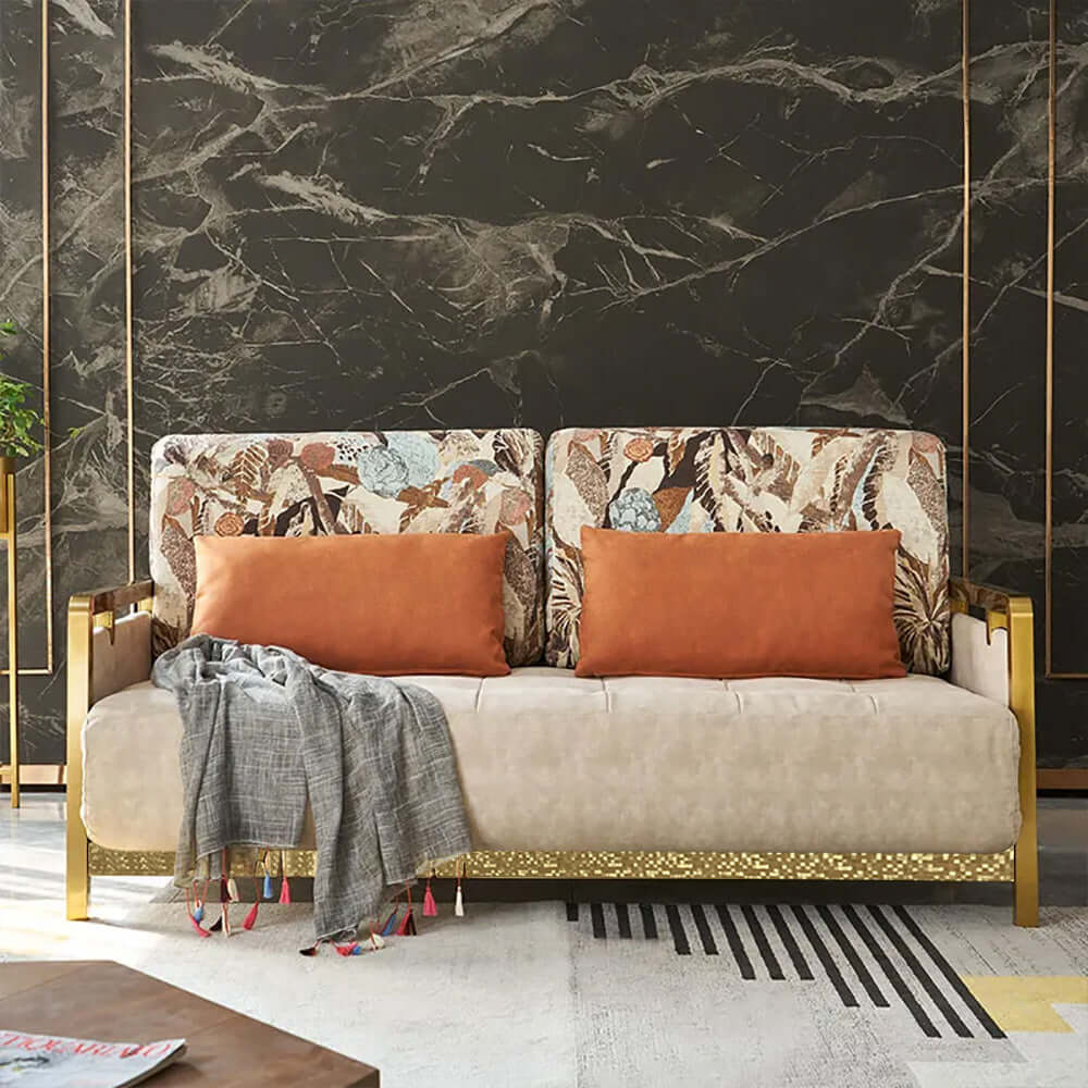 Modern Convertible Full Sleeper Gold Metal Beige Upholstered Sofa Bed - Space-Saving Furniture for Small Apartments, Guest Rooms & Home Offices
