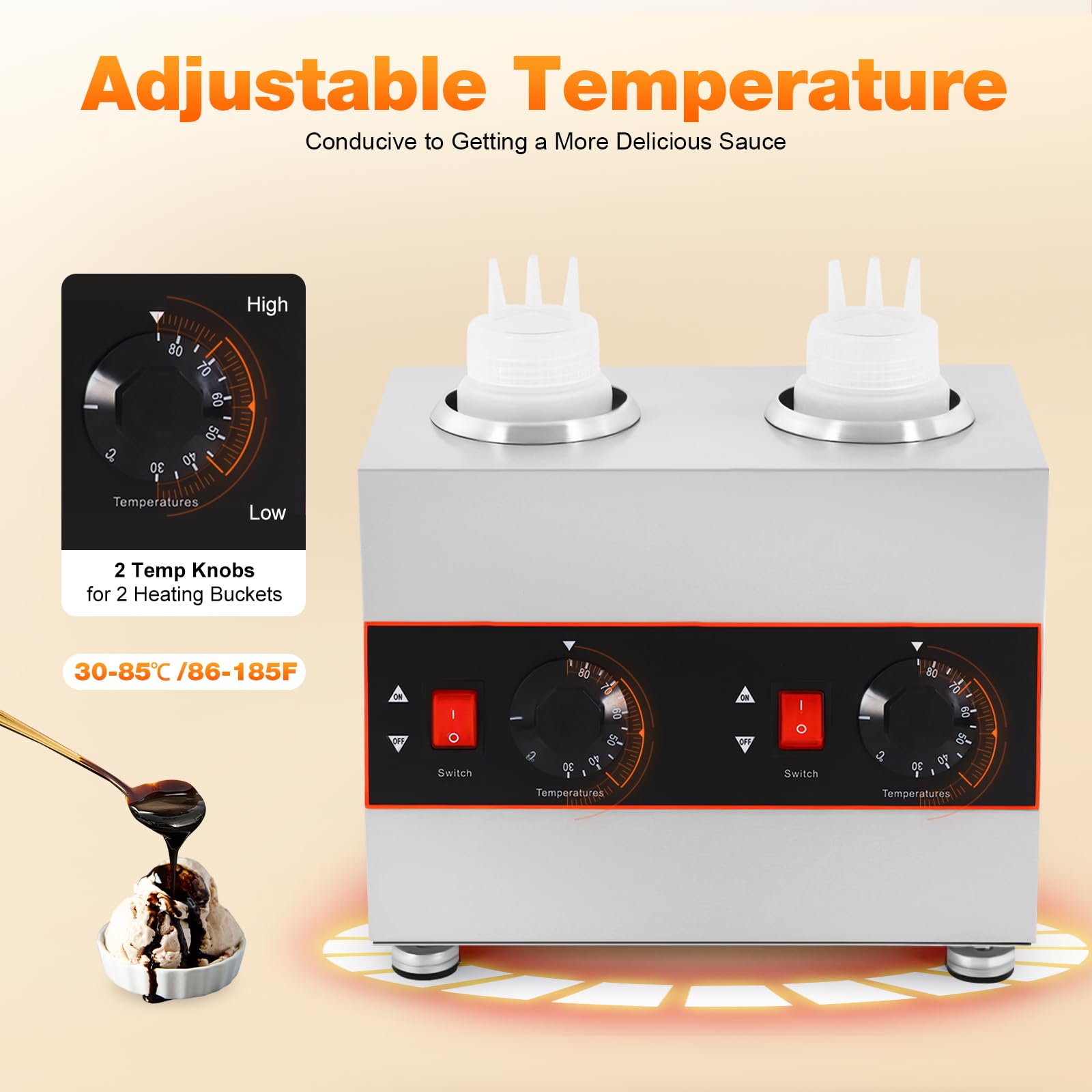 Commercial 320W Electric Chocolate & Cheese Sauce Warmer - Adjustable Temperature Hot Fudge Dispenser with 2 Bottles for Restaurants, Hotels, Bakeries & Coffee Shops - Perfect for Dessert Toppings, Fondue Parties & Breakfast Buffets