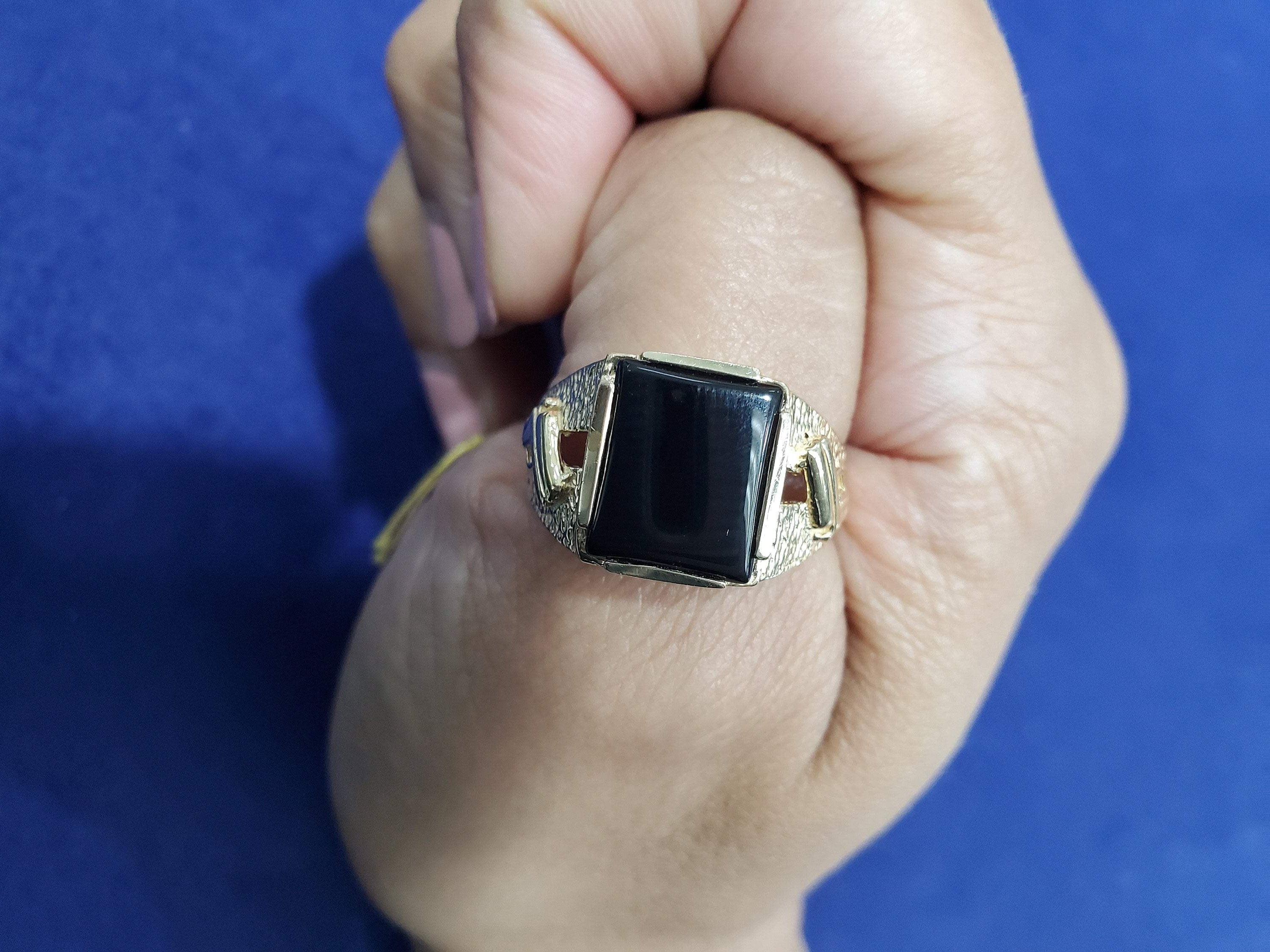 14K Yellow Gold Men's Square Onyx Ring with Gun Design - Stylish Statement Jewelry for Gifts, Weddings & Everyday Wear