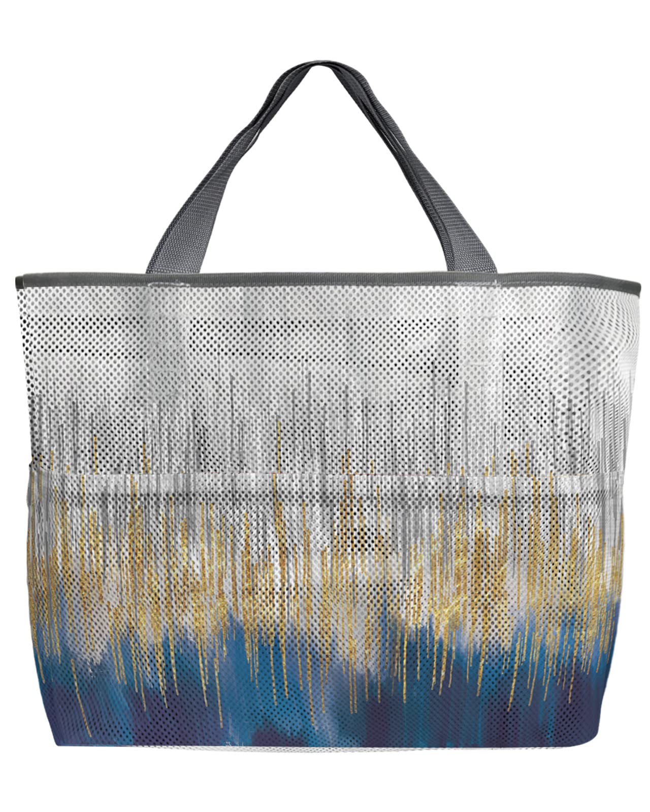 60L Oversized Mesh Beach Tote Bag - Blue Gold Gray Abstract Design, Quick Dry Swim Bag with Pockets, Foldable Lightweight for Pool & Beach (24