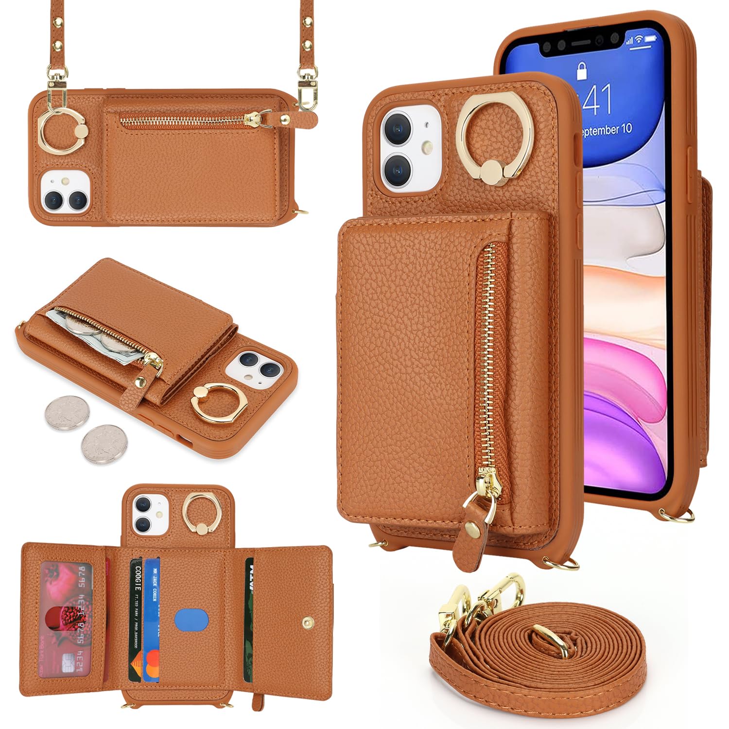 **Premium Leather iPhone 11 Wallet Case with Card Holder, Crossbody Strap & Stand Ring – Zipper Pocket Design for Women (Brown) – Perfect for Travel, Work & Everyday Use**