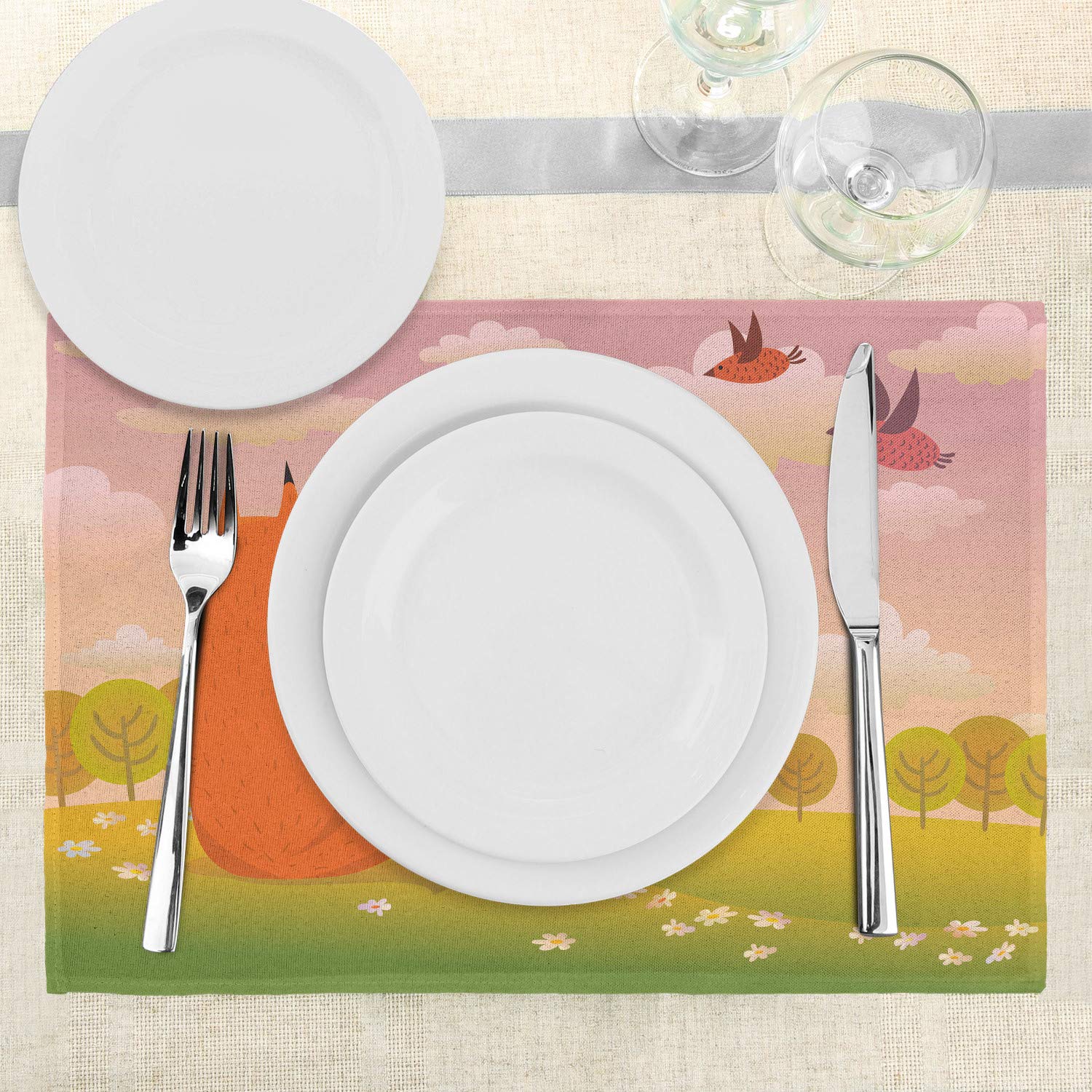 Ambesonne 4-Pack Cartoon Fox Wildlife Placemats - Valley Farm Sunset with Birds & Daisies Artwork - Washable Fabric Table Mats for Dining Room & Kitchen Decor (Orange, Lilac, Green) - Perfect for Family Dinners, Parties & Holiday Gatherings