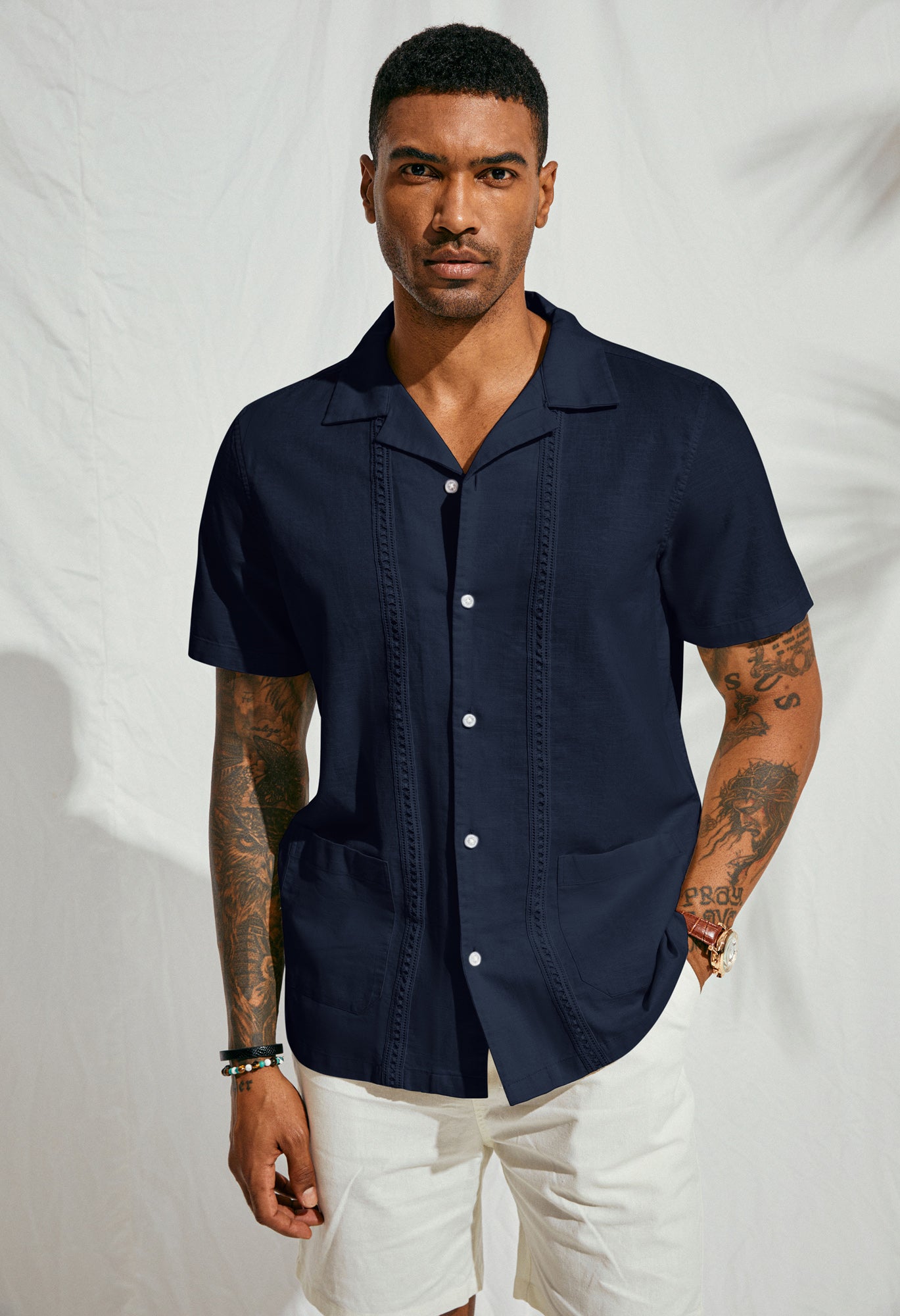 Men's Linen Cuban Guayabera Shirt - Casual Button Down Beach Shirt for Summer, Vacations & Tropical Outings