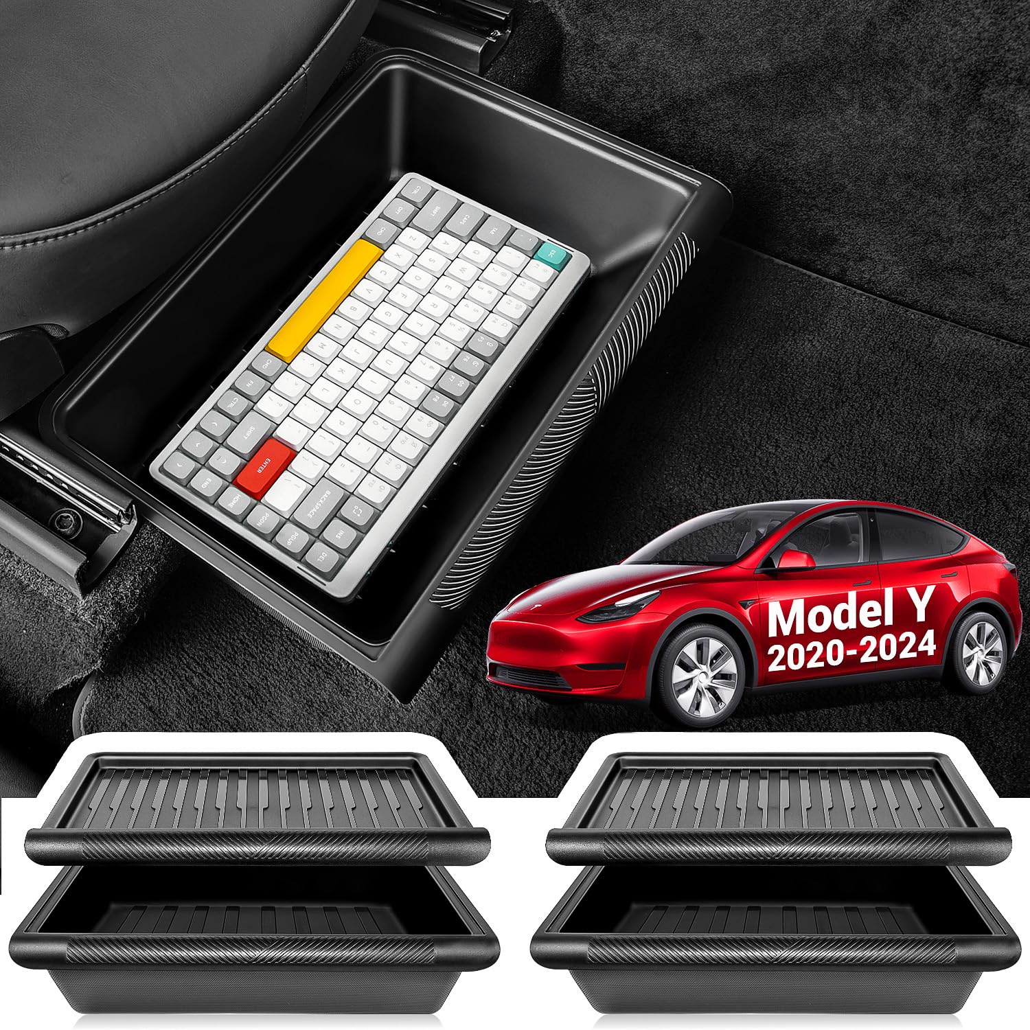2-Pack Tesla Model Y Under Seat Storage Organizer (2020-2024) - Durable ABS Lid, Hidden Front/Back Compartments - Perfect for Car Accessories, Snacks, Tools & Emergency Kits