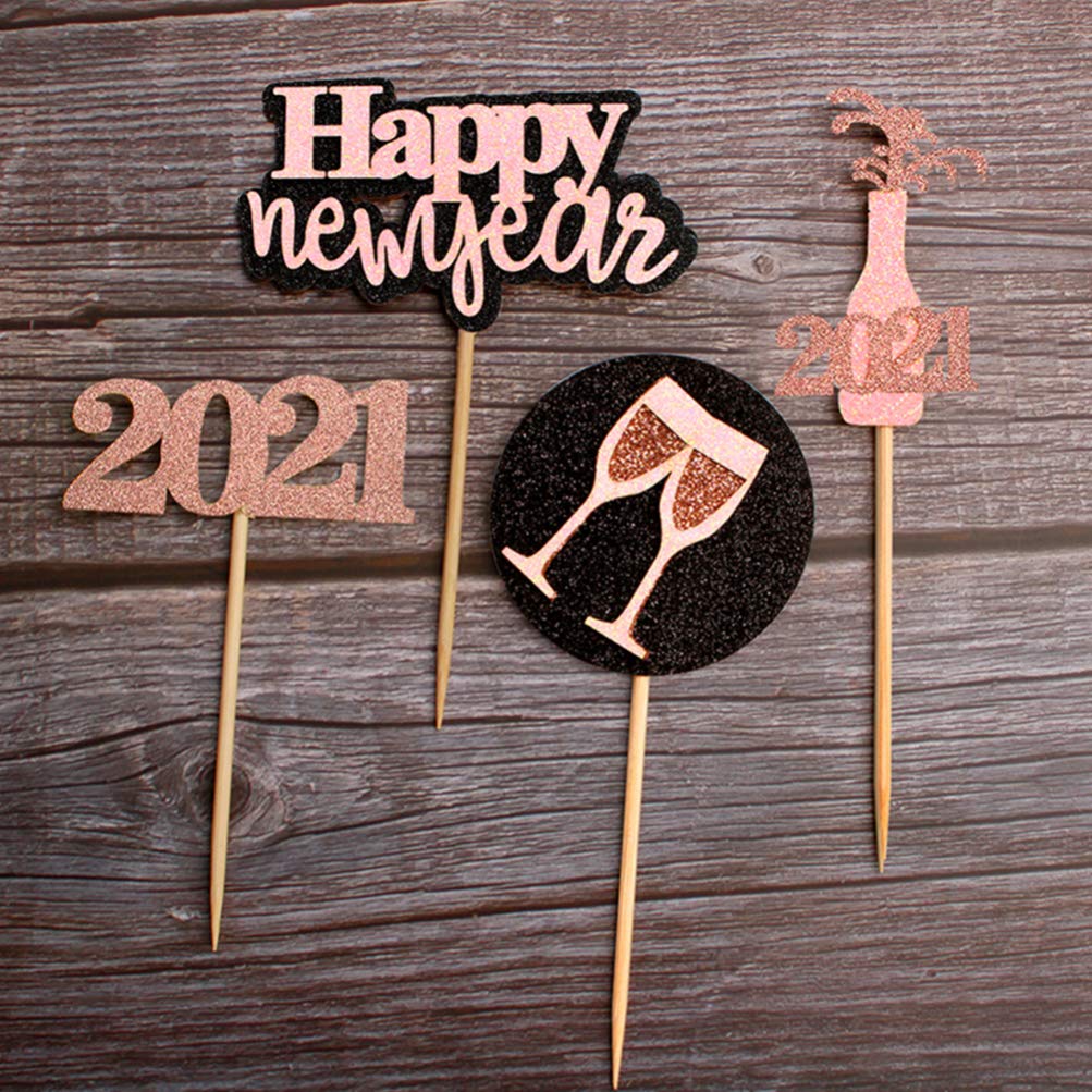 16pcs 2021 New Year Cake Toppers - Glitter Cake Decorations, Lovely Dessert Supplies for Party, Wedding & Birthday Cakes - Includes Cake Inserted Cards for New Year Celebrations