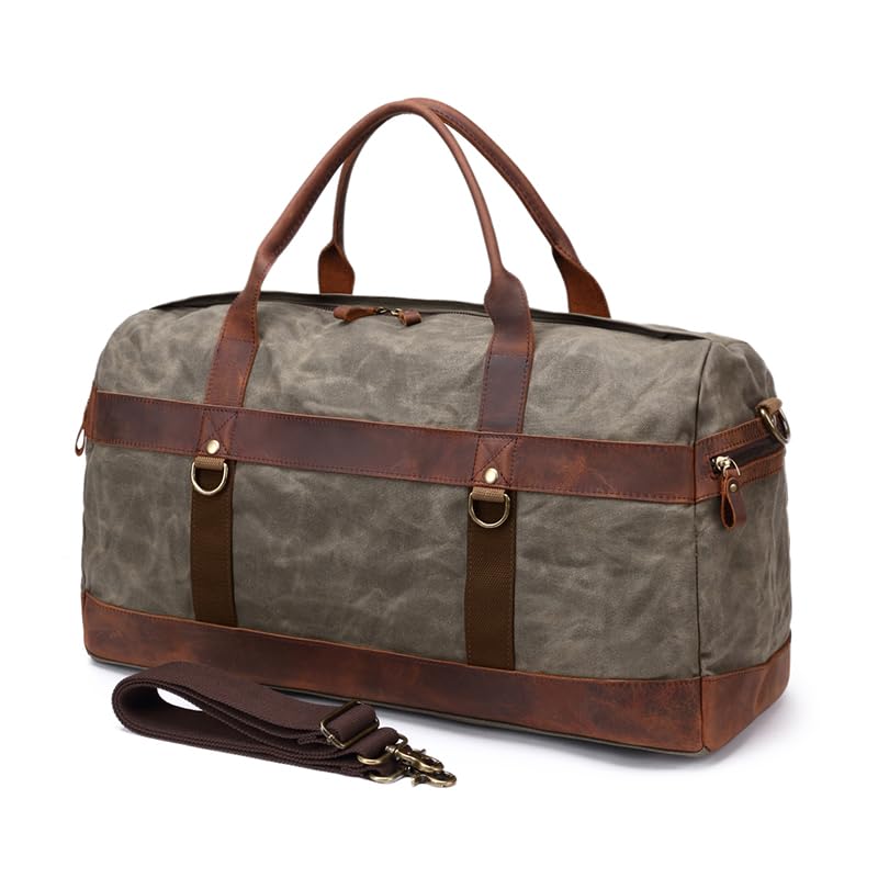 Waterproof Canvas & Genuine Leather Duffel Bag for Business Travel, Weekend Getaways & Overnight Trips - Army Green Weekender Carry-On Hand Luggage | Perfect for Gym, Work Commute & Adventure Travel