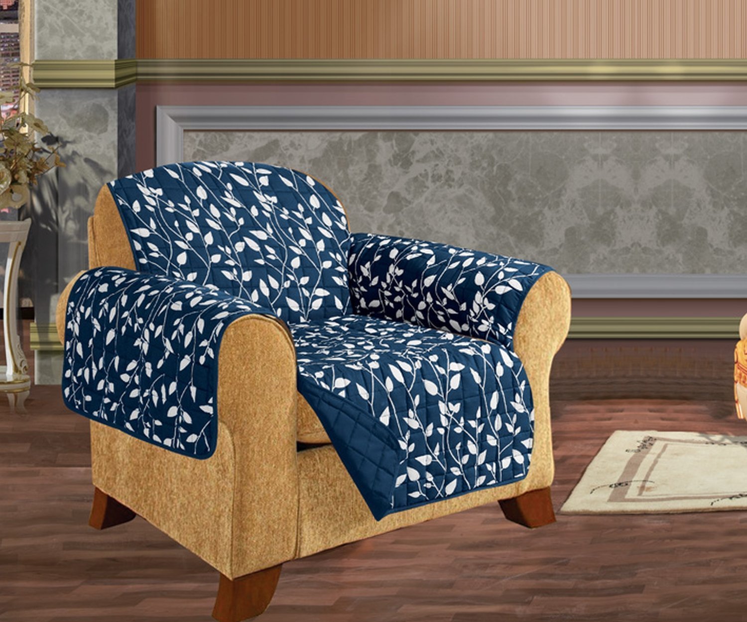 Quilted Furniture Protector for Dogs & Kids - Non-Slip 2-Tie Design, Ultra Soft Microfiber (Navy Leaf Pattern) - Perfect for Sofas, Chairs, Couches & Pet-Friendly Homes