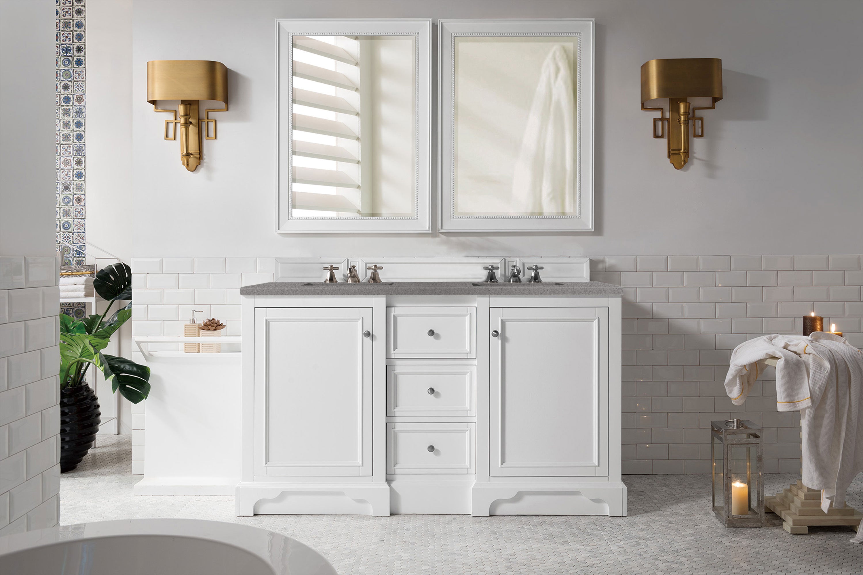 De Soto 60-Inch Double Vanity with 3CM Grey Expo Quartz Top in Bright White - Perfect for Modern Bathroom Renovations & Master Suite Upgrades