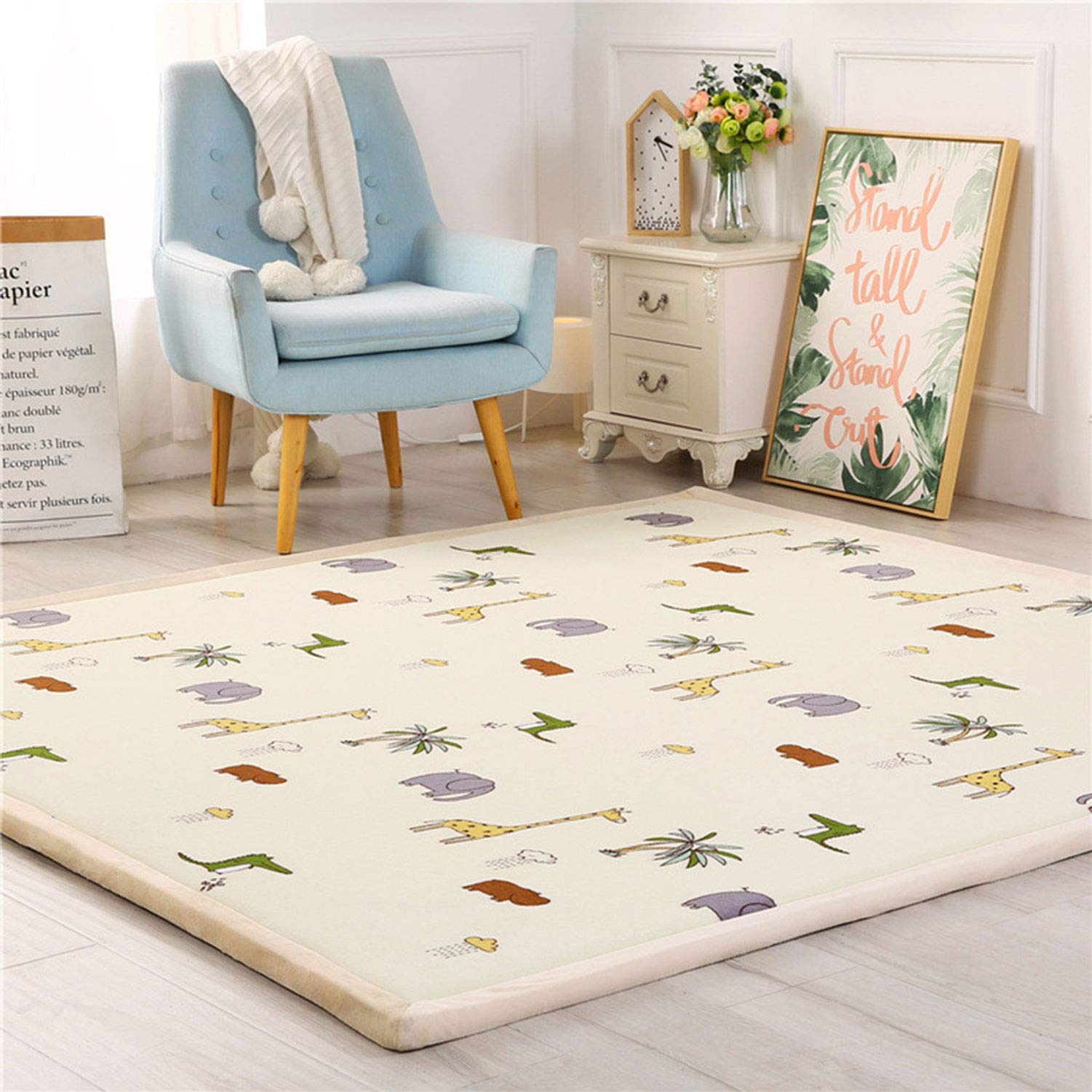 Loartee Soft Thick Coral Velvet Play Mat for Kids - 5x5 Feet Non-Toxic Anti-Skid Nursery Rug with Jungle Animals Design, Light Yellow Crawling Mat for Toddlers & Infants - Perfect for Playroom, Daycare, and Baby's First Steps (150x150cm)