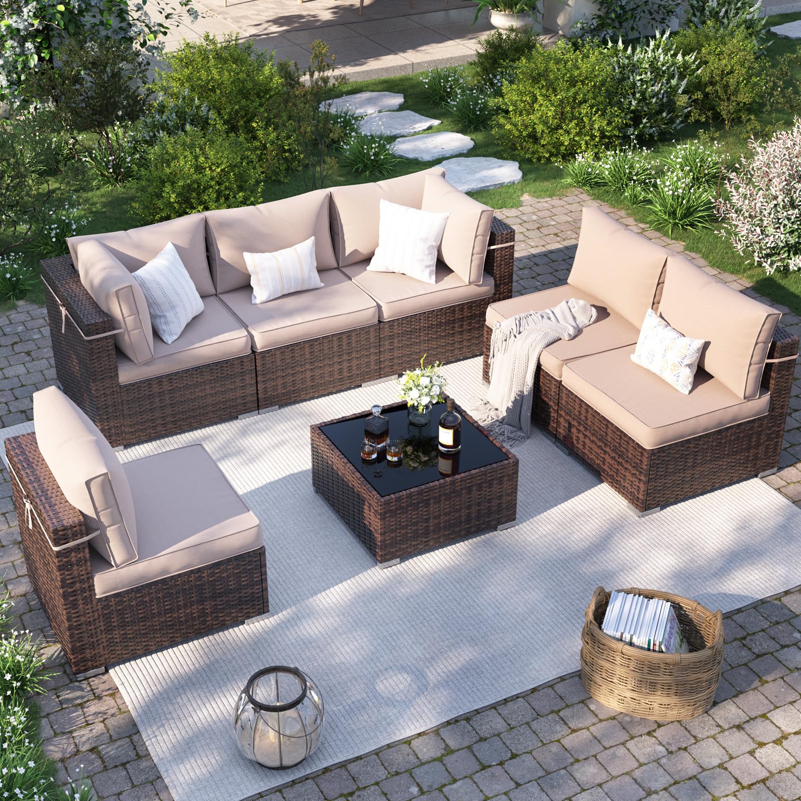 7-Piece Outdoor Patio Furniture Set with Waterproof Cover - All-Weather Wicker Sectional Sofa for Backyard, Brown with Beige Cushions - Perfect for Garden, Poolside & Outdoor Entertaining