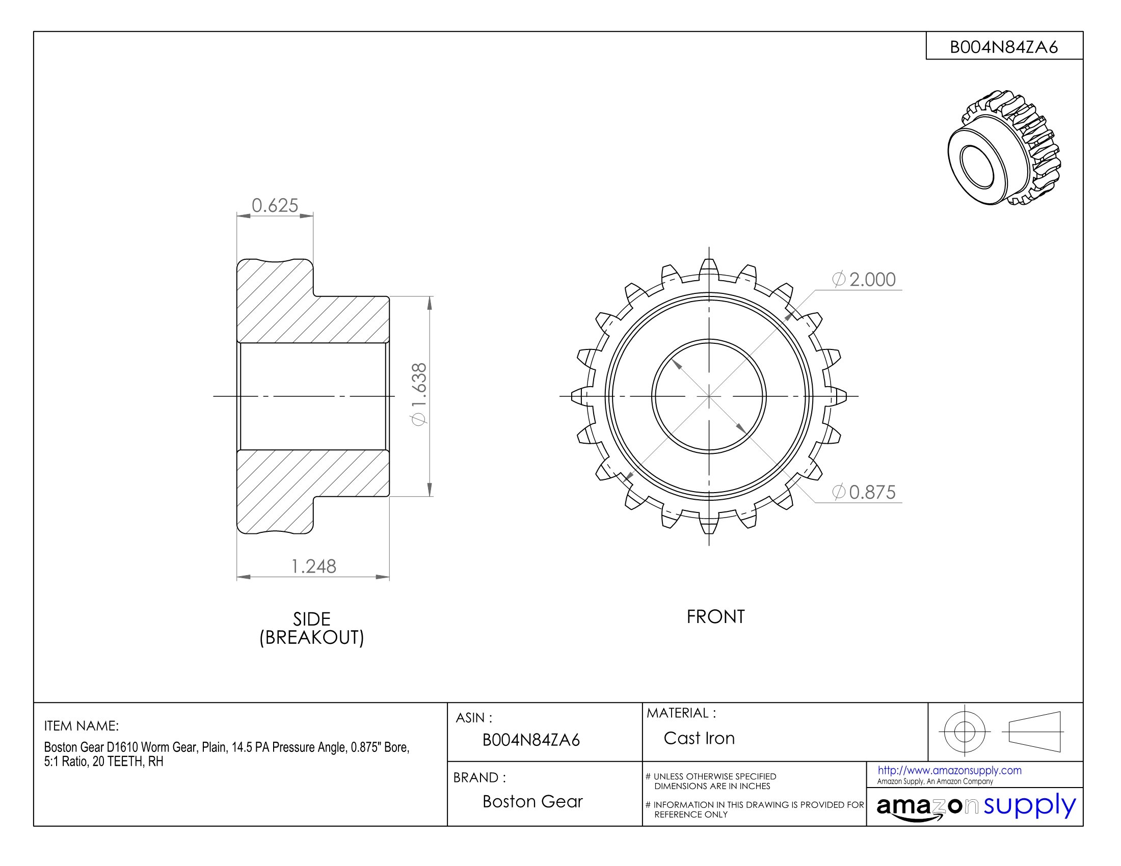 D1610 Worm Gear - Plain, 14.5 PA Pressure Angle, 0.875