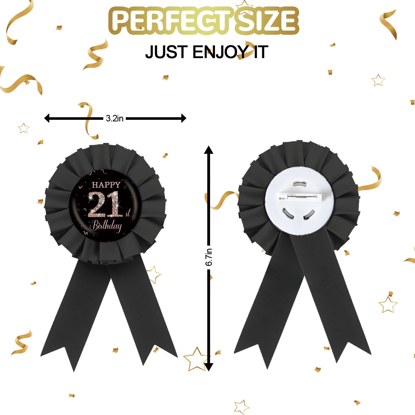 21st Birthday Badge Pin - Black Tinplate Rosette Award with Diamond Design for 21st Birthday Party Decorations | Perfect for Milestone Celebrations, Birthday Parties & Special Events