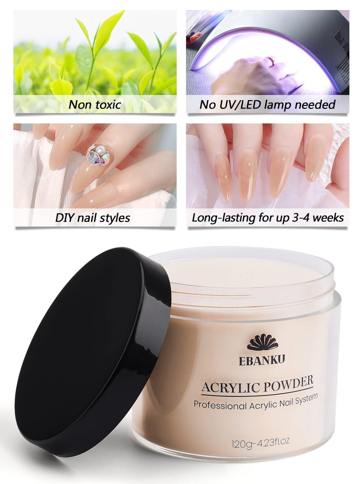 EBANKU Professional Nude Acrylic Nail Powder - 120g/4.23oz Large Capacity for Acrylic Extensions & Nail Art - Long-Lasting, No UV Lamp Needed - Perfect for Salon, Home Manicures & DIY Nail Designs