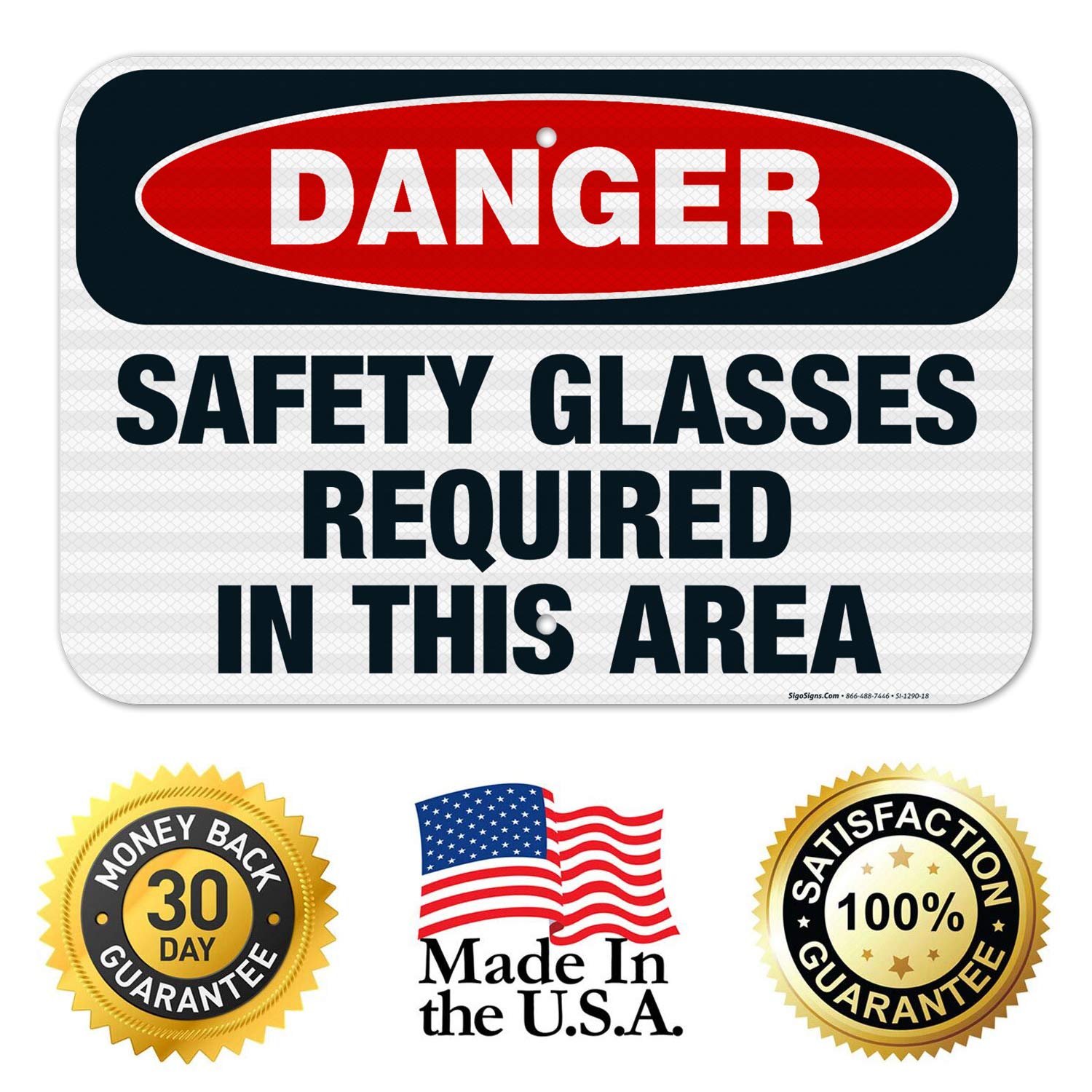 Danger Safety Glasses Required in This Area Sign | OSHA Compliant 12x18 Inch Reflective Aluminum Sign | 3M EGP .063 Fade-Resistant for Indoor & Outdoor Use | Made in USA | Workplace Safety & Construction Site Warning Sign