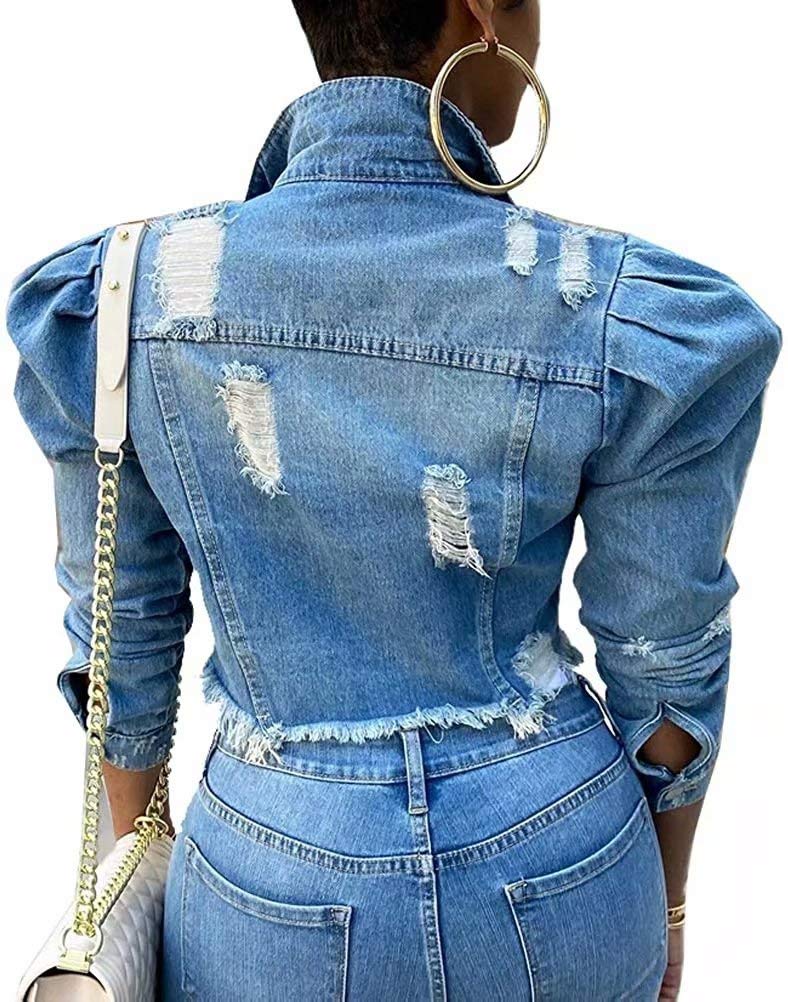 Women's Distressed Ripped Long Sleeve Denim Crop Top Jacket - Boyfriend Style Jean Coat for Casual Outfits & Streetwear Fashion