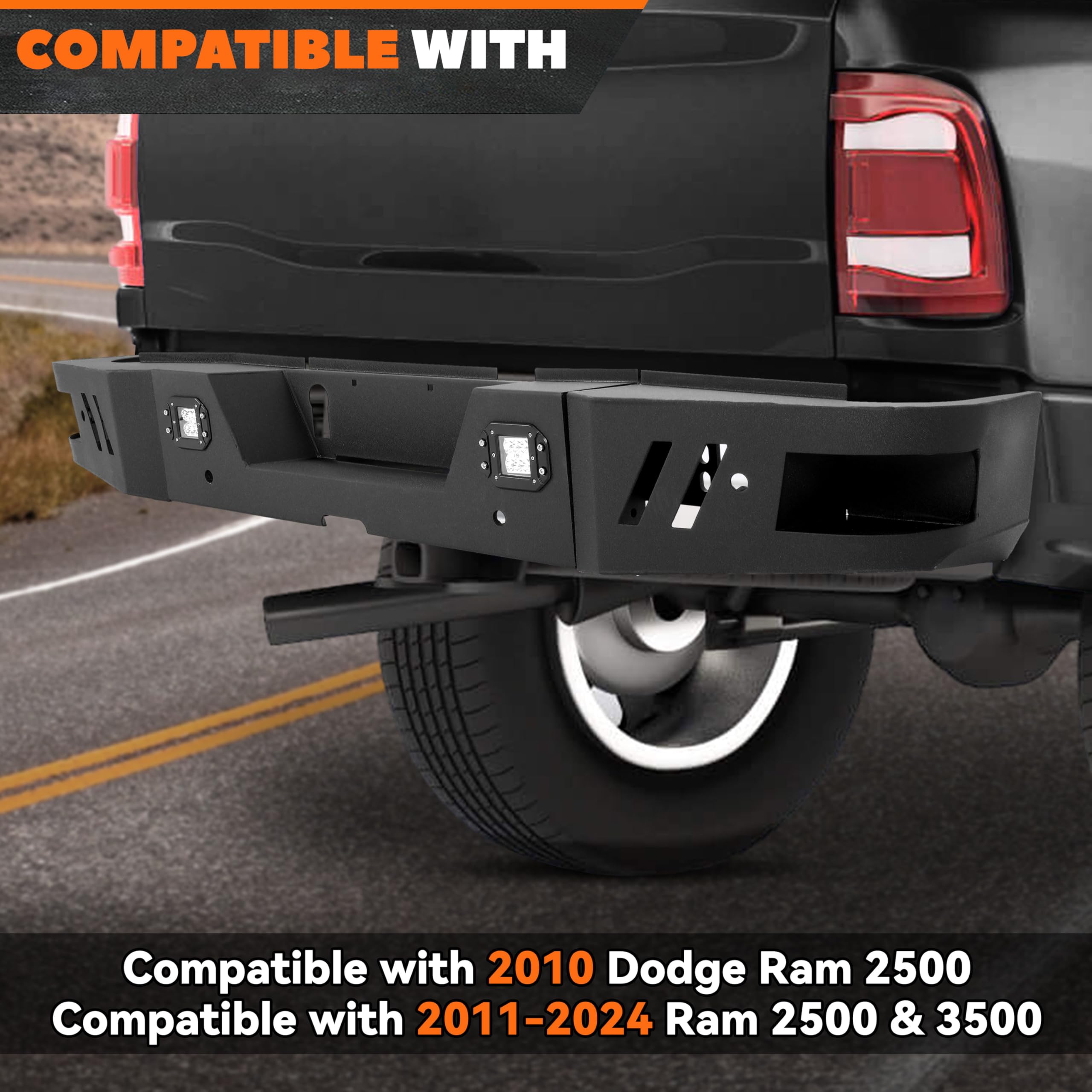 KUAFU Heavy Duty Rear Step Bumper with 2x18W LED Lights | Compatible with 2010-2024 Dodge Ram 2500/3500 | Steel Bumper Guard for Off-Roading & Truck Protection