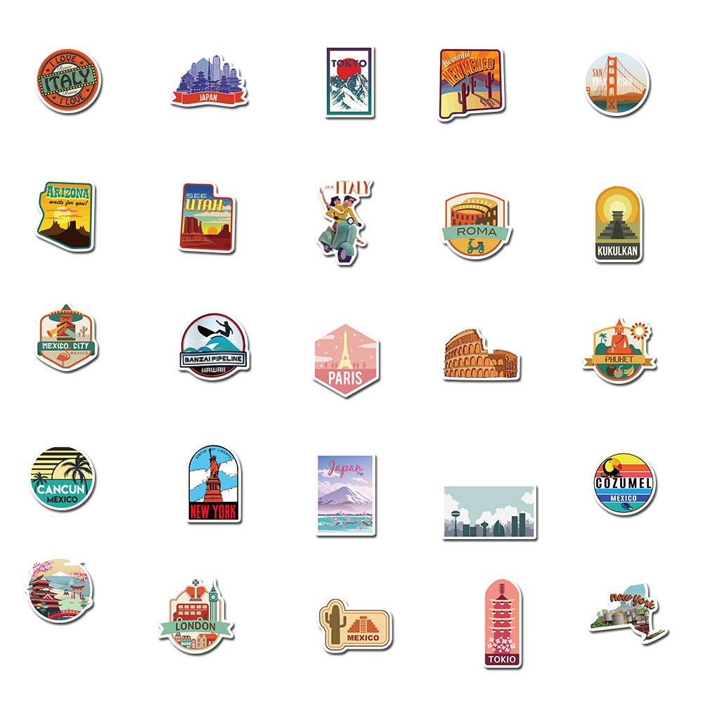 50Pcs Waterproof Vinyl Stickers Pack - Vintage Travel Decals for Luggage, Laptop, Scrapbook, Skateboard, Water Bottle & Phone - Perfect for DIY Crafts, Journaling & Personalizing Your Belongings