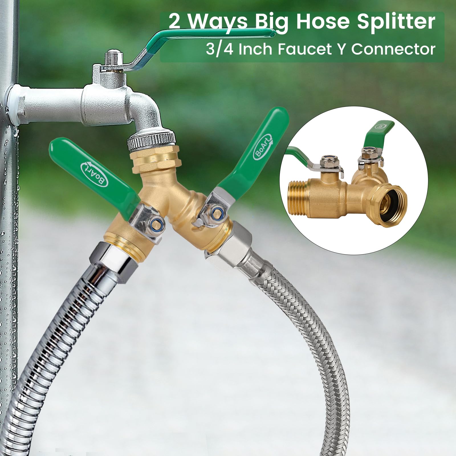 BoArt 2-Way Heavy Duty Brass Garden Hose Splitter with Stainless Steel Long Handle - 3/4