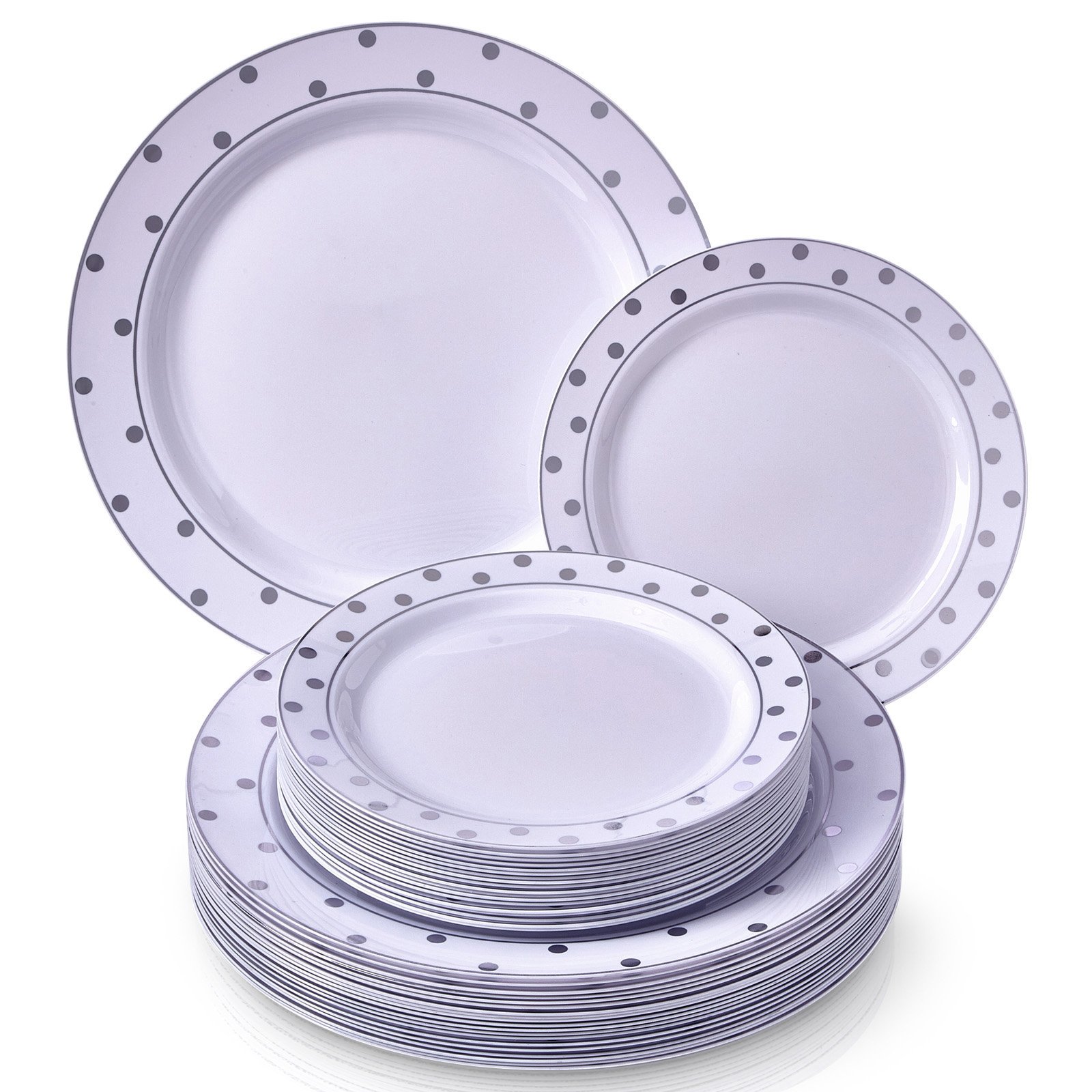 Elegant Silver Plastic Dinnerware Set - 240 Piece (120 Dinner Plates, 120 Salad/Dessert Plates) - White & Silver for Wedding, Party, Catering & Formal Dining Events