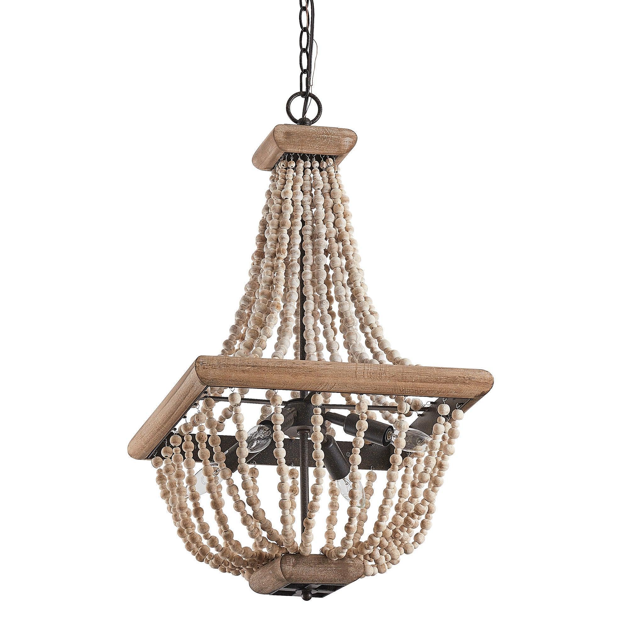Regas 4-Light Wood Bead Candle Style Chandelier - Rustic Farmhouse Ceiling Light Fixture for Dining Room, Bedroom, or Living Room Decor