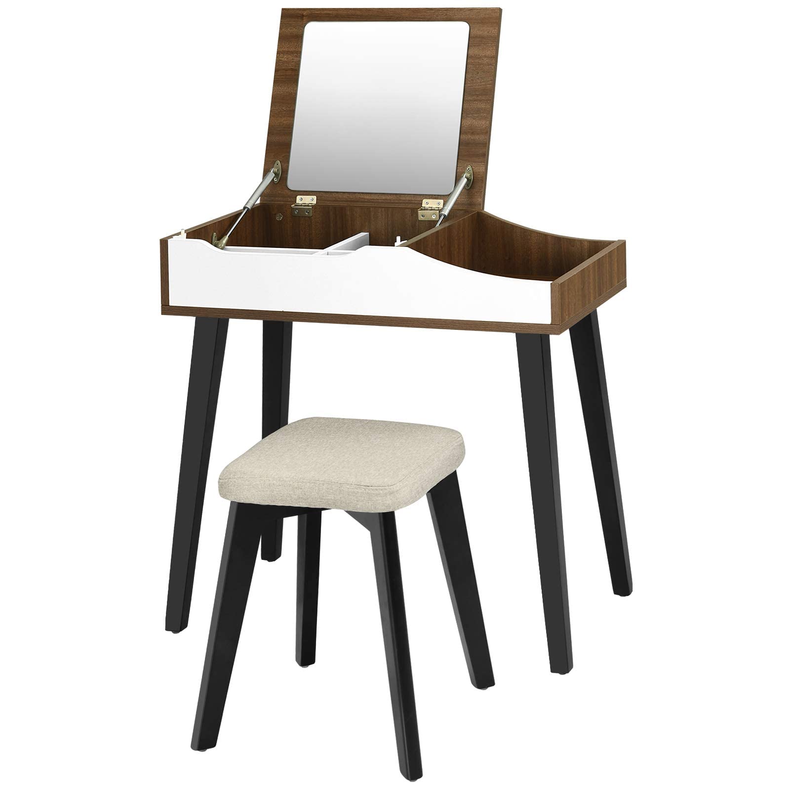 Charmaid Vanity Desk with Flip Top Mirror, Storage Compartments & Removable Dividers - Wooden Makeup Dressing Table & Writing Desk with Stool for Women, Girls & Kids - Perfect for Bedroom, Nursery & Home Office Organization