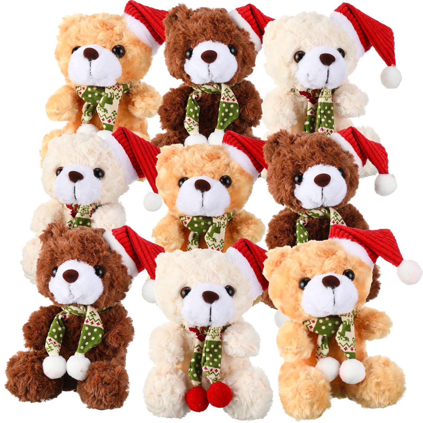 9 Pcs 9 Inch Christmas Bear Plush Stuffed Animal Toys - Santa Bear with Hat & Scarf, Soft Xmas Bears for Preschool Kids, Perfect Holiday Gift for Boys & Girls (3 Colors, Sitting Style) | Great for Christmas Decorations, Birthday Presents & Nursery Room Decor