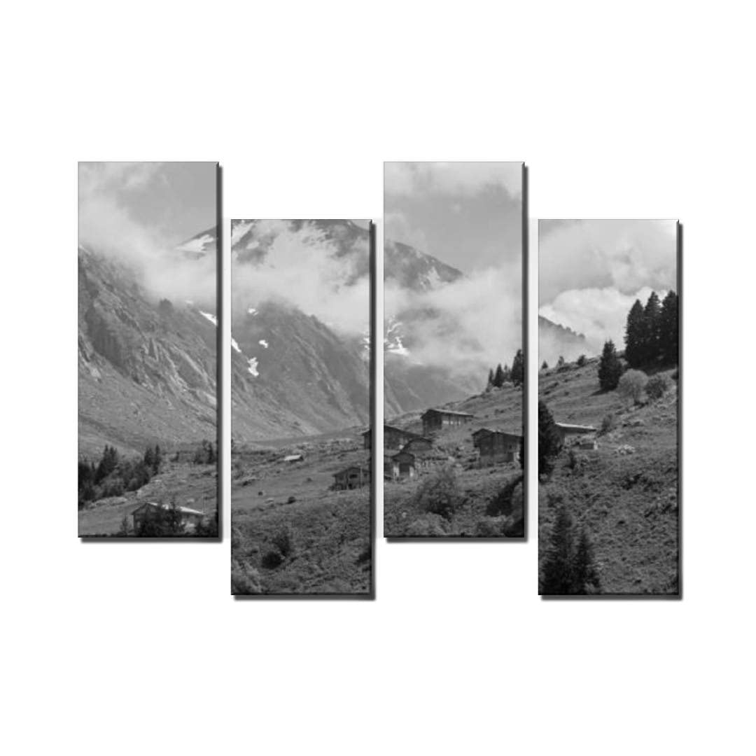 Black & White Canvas Wall Art - 4 Panel Framed Landscape Painting of Rize Uplands, Black Sea | Ready to Hang for Living Room, Bedroom, Office, Kitchen & Bathroom Decor | Perfect for Modern Home & Office Interior Design