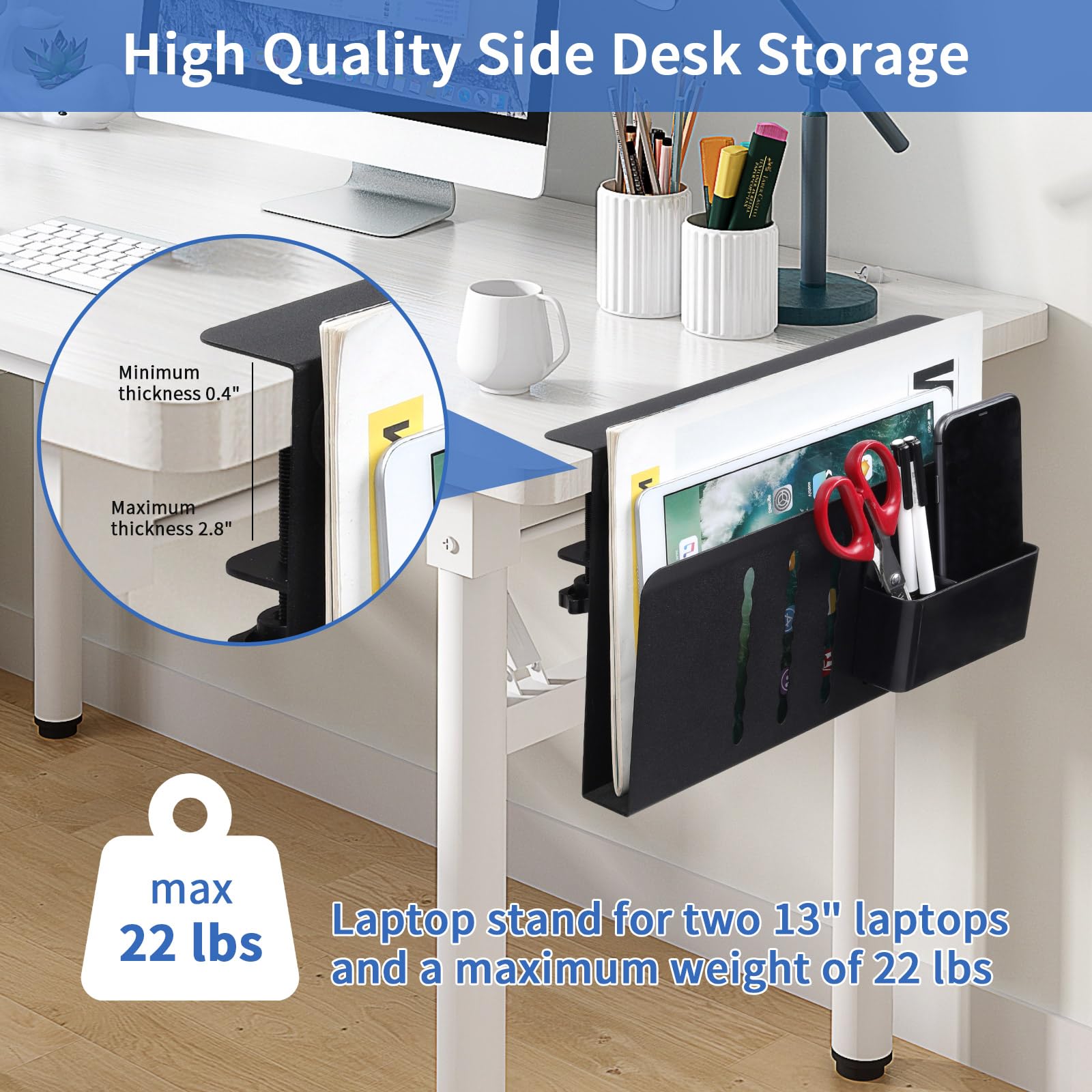 LUKETURE Steel Desk Side Organizer - No Drill Laptop Holder & Clamp-On Mount with Pen Storage, Fits Flat Edge Tables 0.3