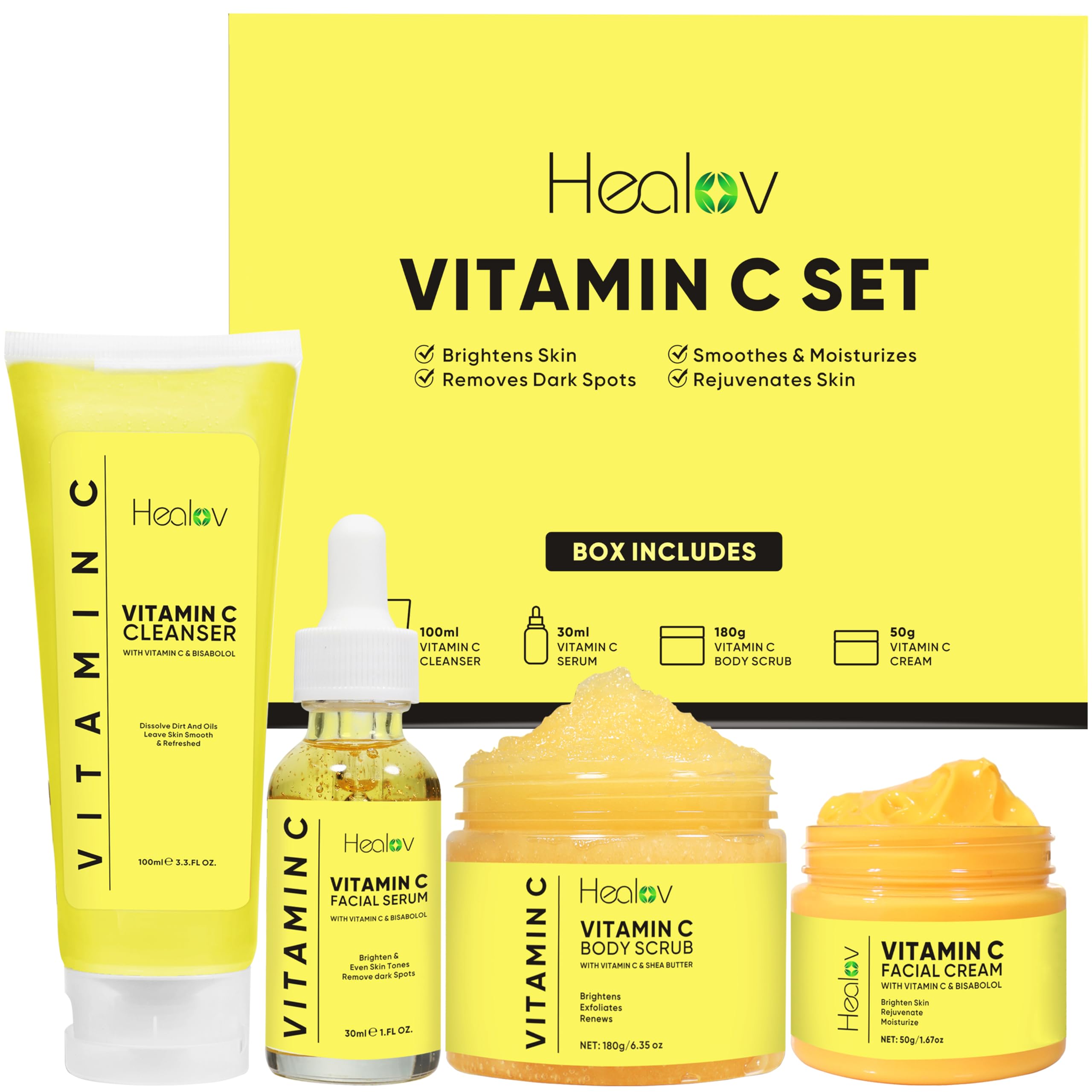 Vitamin C Skincare Set - Hydrating Facial Cleanser, Exfoliating Body Scrub, Anti-Aging Face Cream & Serum - Brightens Skin, Reduces Wrinkles & Dark Circles - Travel-Friendly Skincare Kit for Glowing Skin - Perfect for Daily Routine, Travel & Gifts