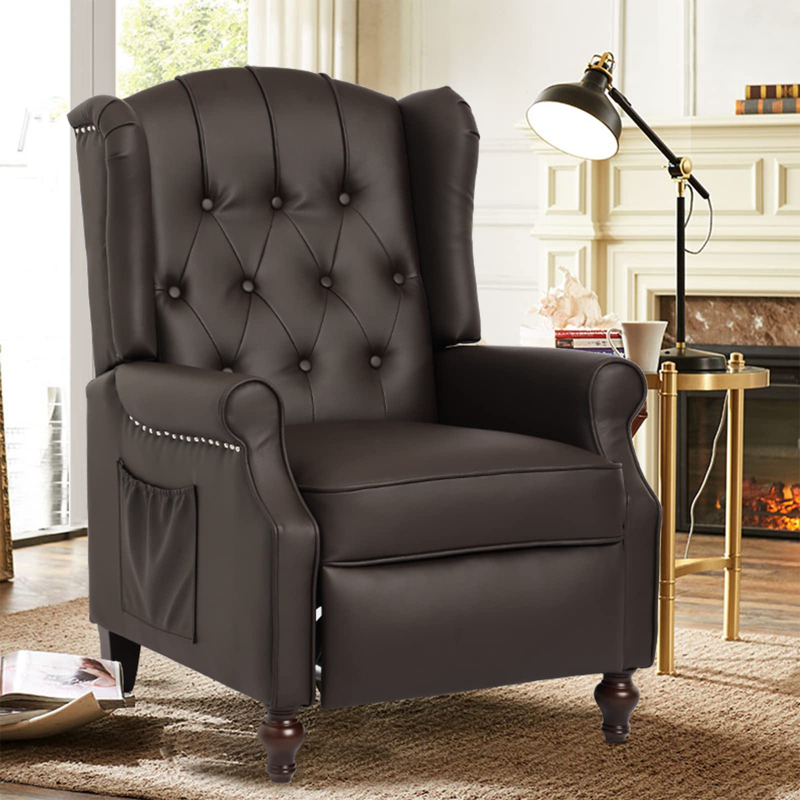 Heated Massage Recliner Chair with Tufted Wingback Design - Push Back Recliner Armchair with Side Pockets - Comfortable Accent Chair for Living Room, Bedroom & Home Office (Brown) - Perfect for Relaxation, Reading & Watching TV