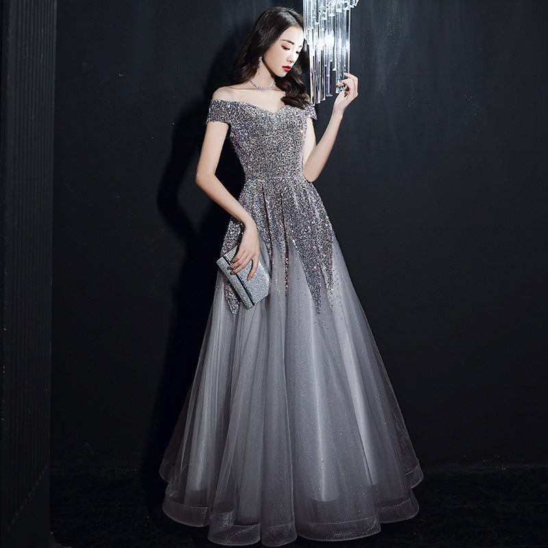 Elegant Off Shoulder A-Line Prom Dress with Sequins & Tulle for Evening Formal Events - Perfect for Homecoming, Wedding Guest & Special Occasions