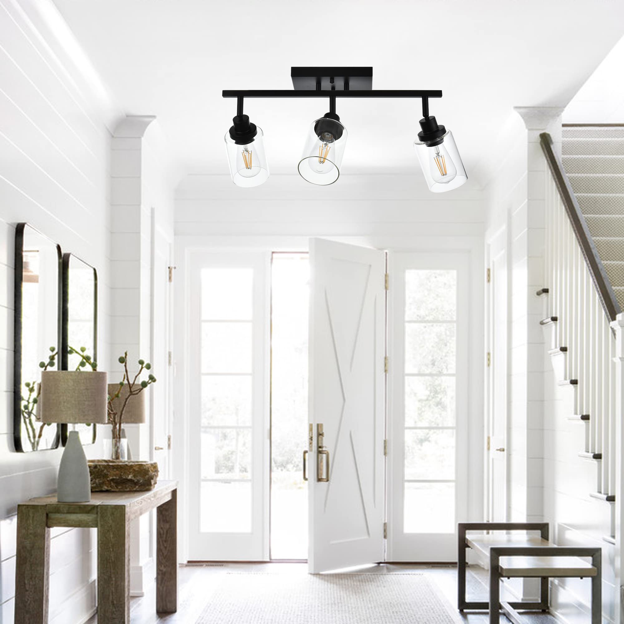 MELUCEE 3-Light Black Bathroom Vanity Lighting Fixture with Rotatable Track Heads & Clear Glass Shade - Modern Ceiling Light for Hallway, Porch, Foyer, Bathroom & Storage Areas