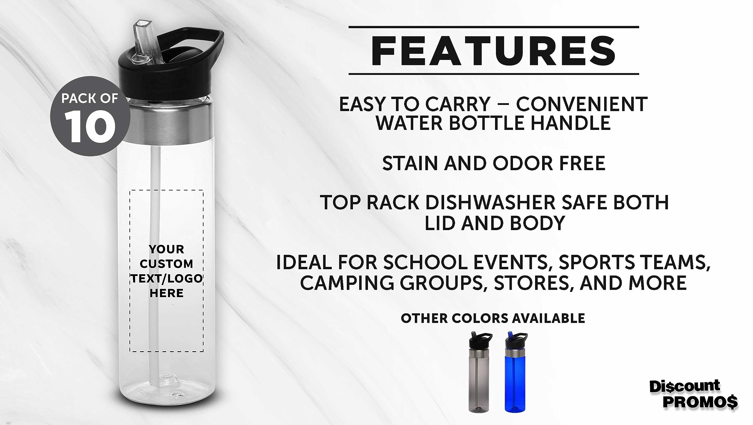 Custom 24 oz Plastic Water Bottle with Straw - 10 Pack BPA-Free Tritan Copolyester Bottles | Personalized Text, Flip Lid & Screw-On Cap | Slim Clear Design for Gym, Office & Outdoor Activities