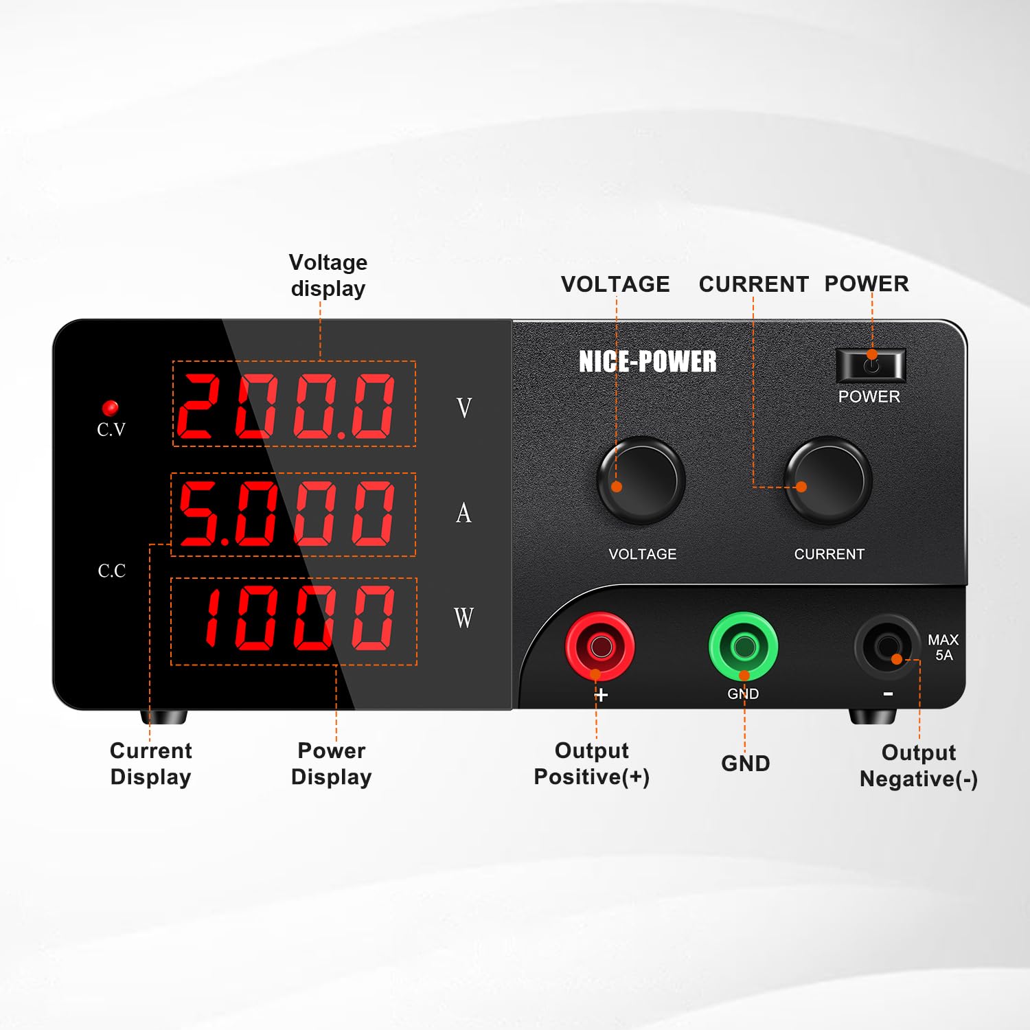 NICE-POWER 1000W Variable DC Power Supply - 200V 5A Adjustable Voltage Regulator with Intelligent Fan for Electronics Lab, DIY Projects & Industrial Testing