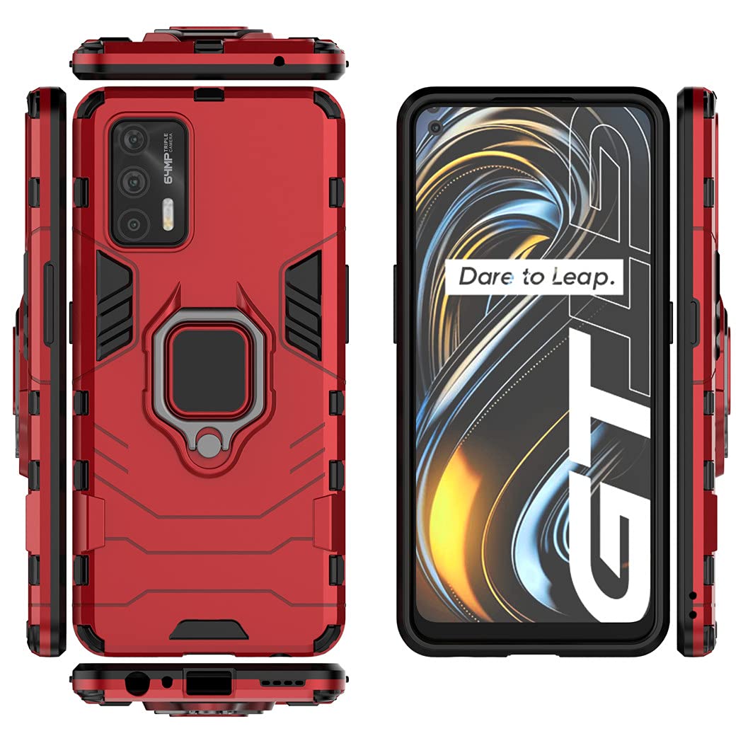 Oppo Realme GT 5G Case | Realme GT Neo Shockproof Hard Bumper Cover with Metal Ring Grip & Kickstand | Magnetic Car Mount Compatible | Dual Layer Rugged Protection (Red) - Perfect for Outdoor Activities & Daily Use