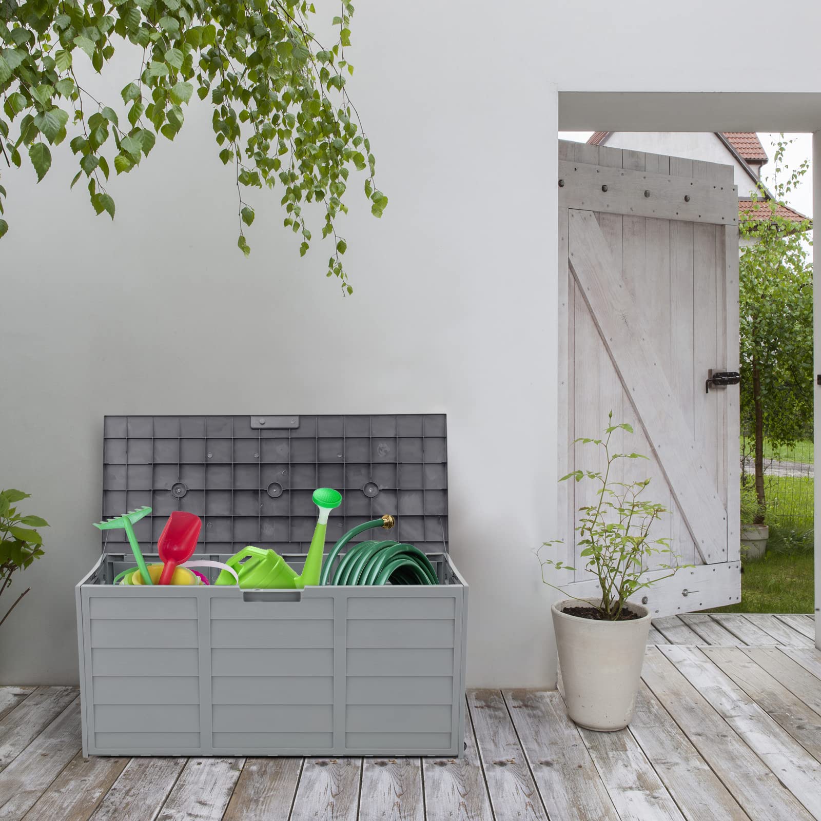 VINGLI 75 Gallon Outdoor Storage Box with Lockable Lid - Waterproof Plastic Deck Box for Patio, Garden, Pool, Balcony & Yard - Grey Storage Container for Cushions, Toys & Outdoor Gear