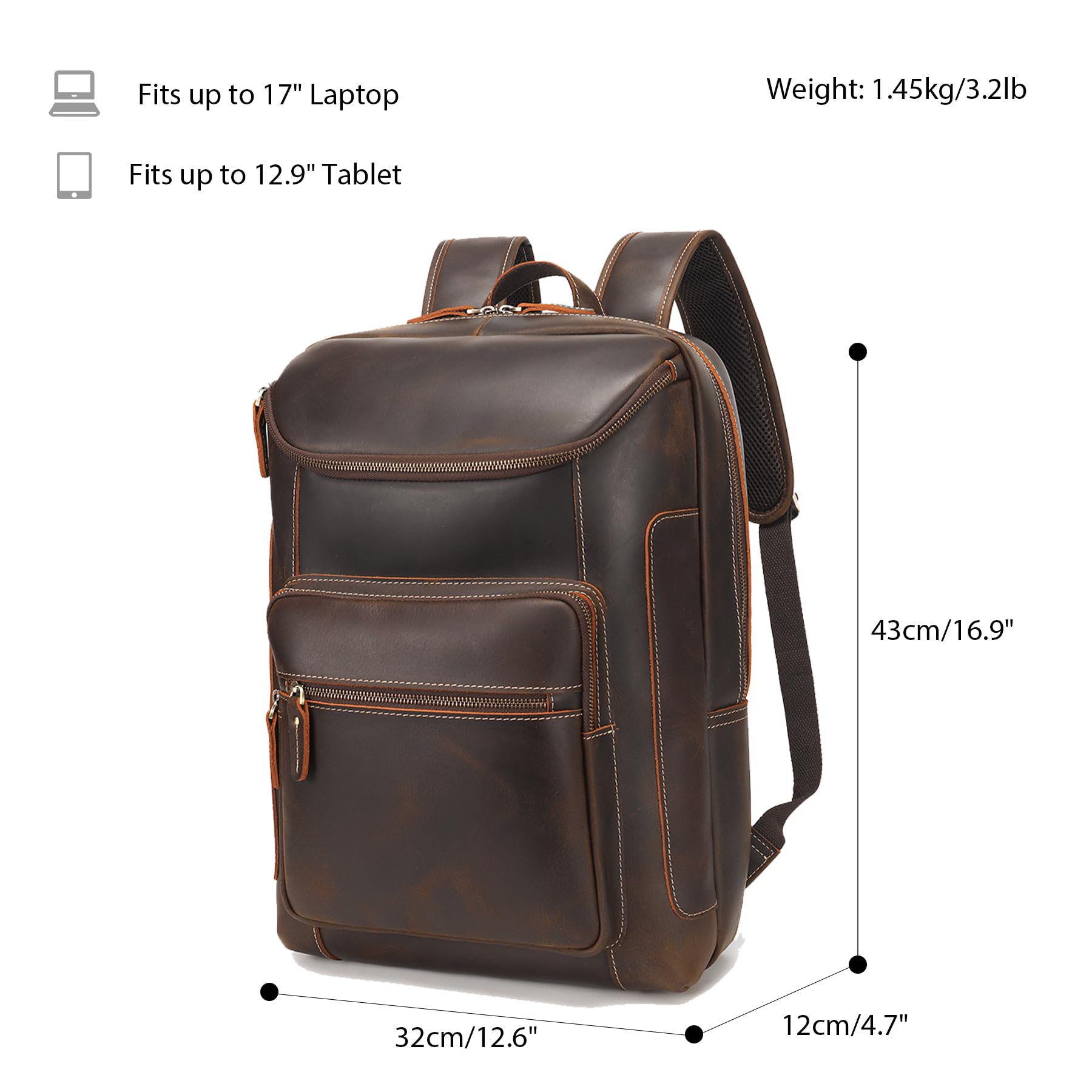 Premium Full Grain Leather Backpack for Men - 17 Inch Laptop Backpack with YKK Zippers - Durable Business Travel & Casual Outdoor Rucksack - Perfect for Work Commute, College Campus & Weekend Adventures
